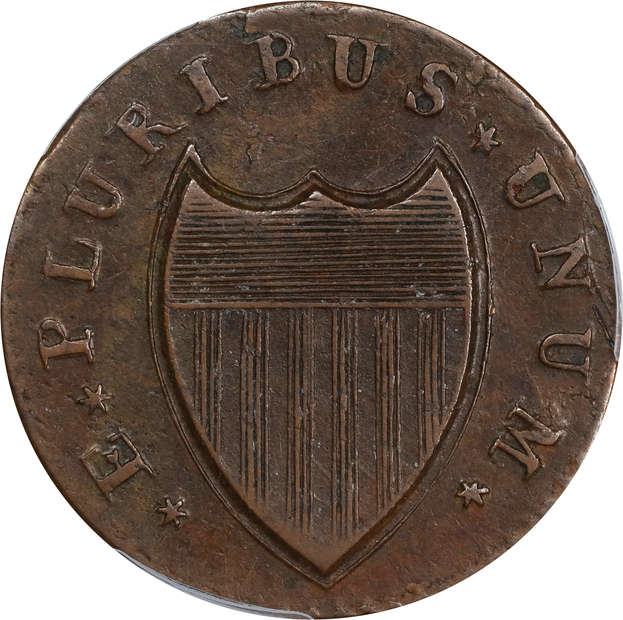 image for: 1787 New Jersey Copper. Maris 48-g, W-5275. Rarity-1. No Sprig Above Plow, Batman Shield. EF-40 (PCGS).