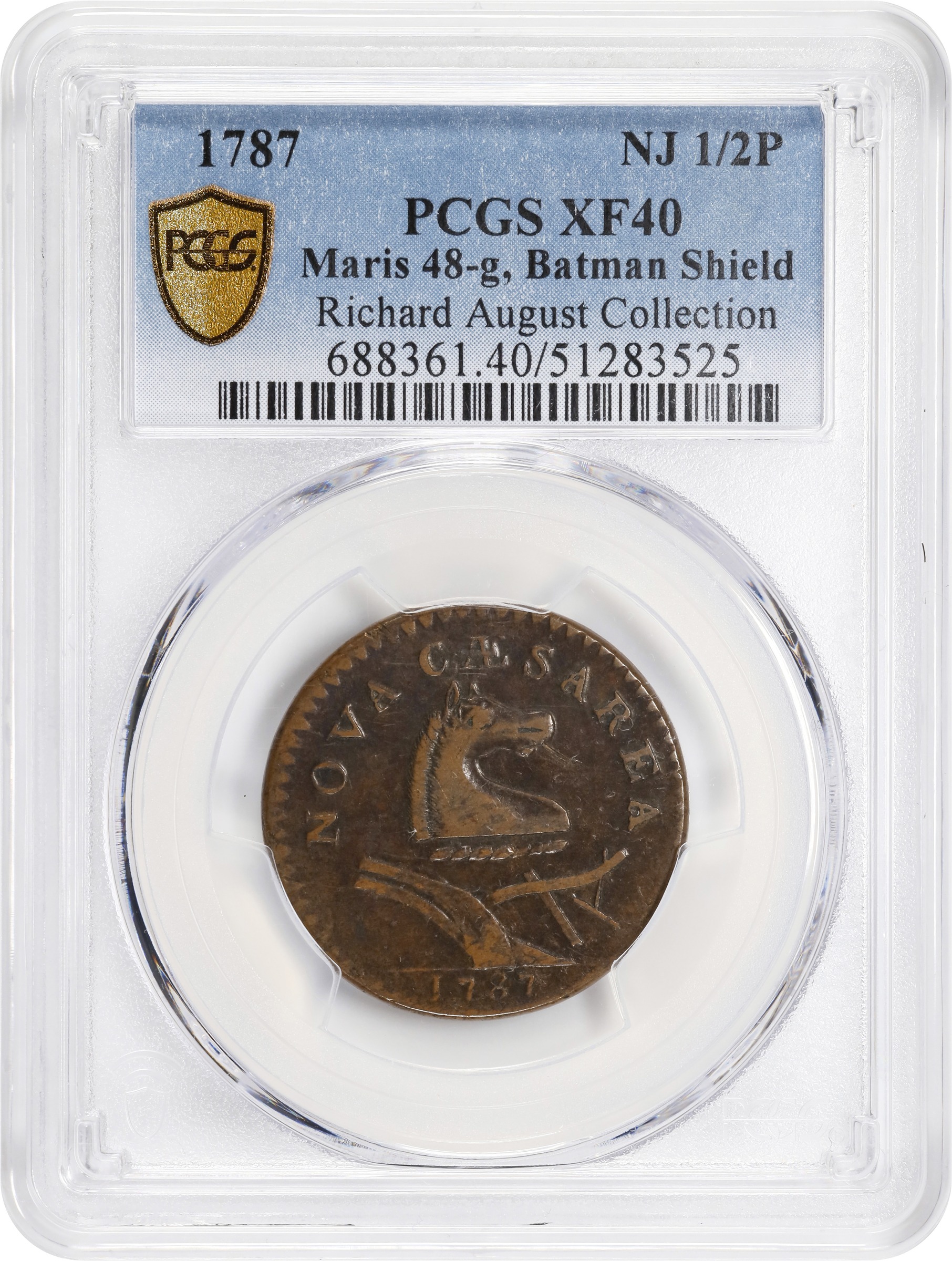 image for: 1787 New Jersey Copper. Maris 48-g, W-5275. Rarity-1. No Sprig Above Plow, Batman Shield. EF-40 (PCGS).