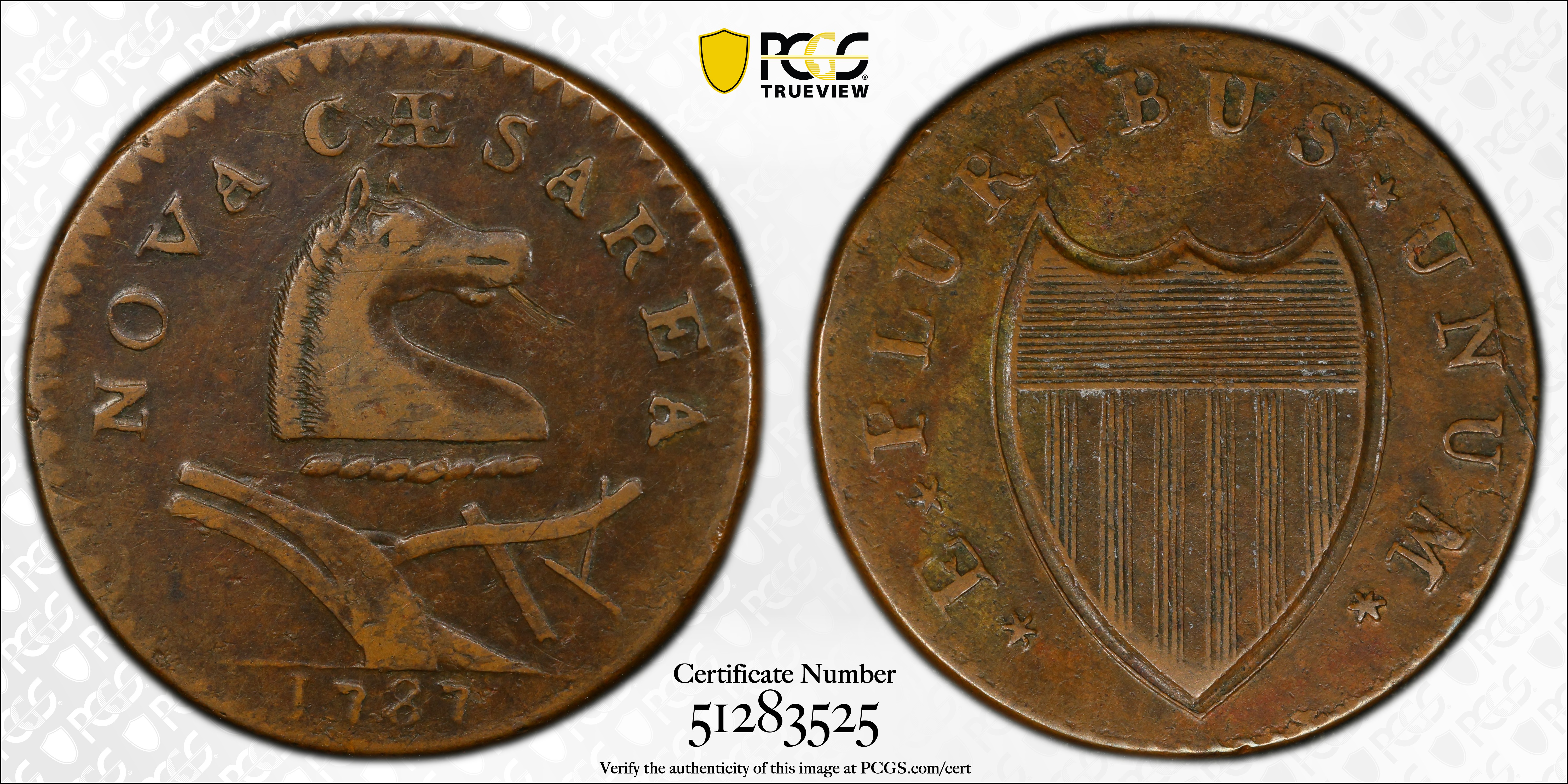 image for: 1787 New Jersey Copper. Maris 48-g, W-5275. Rarity-1. No Sprig Above Plow, Batman Shield. EF-40 (PCGS).