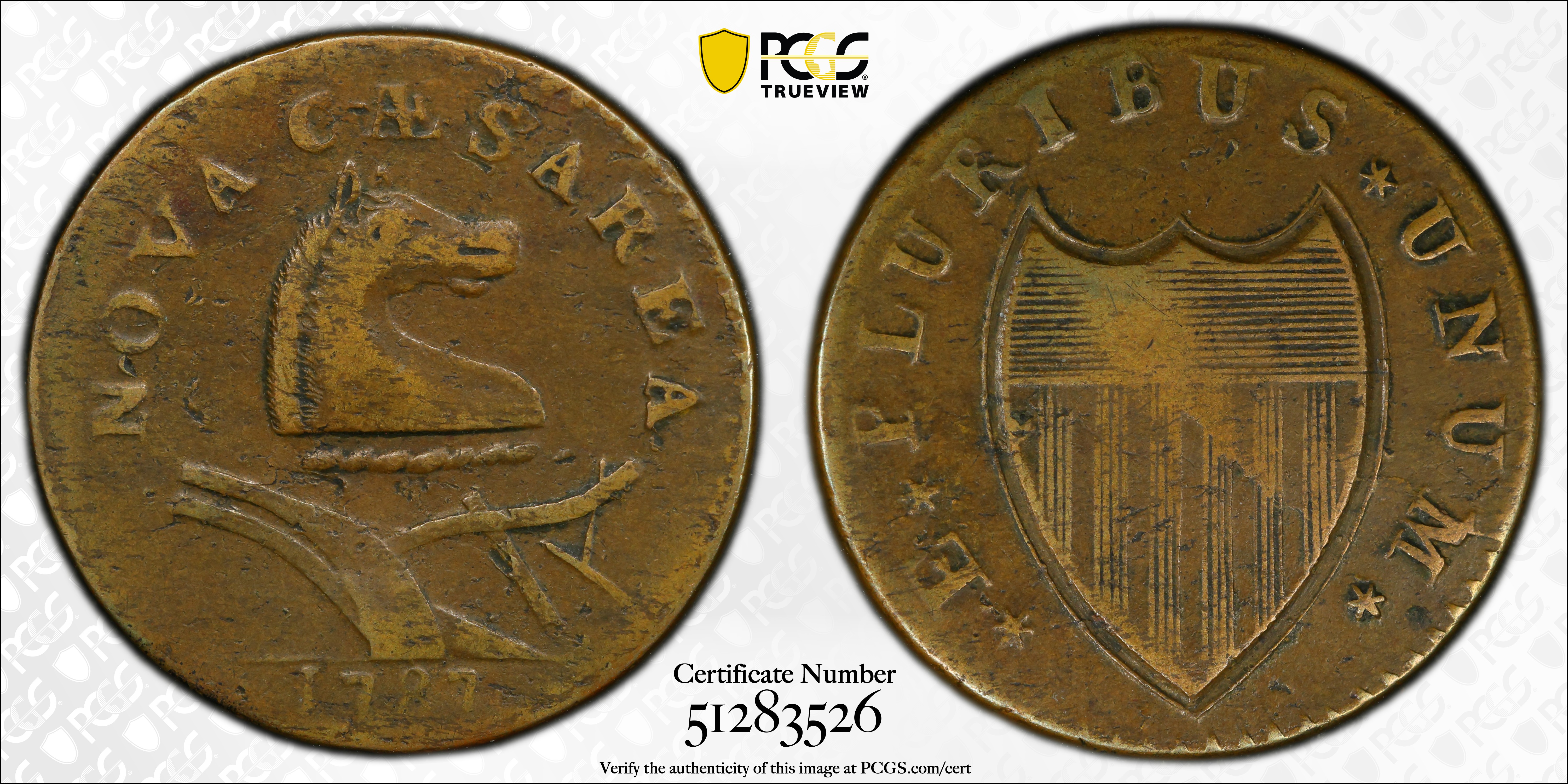 image for: 1787 New Jersey Copper. Maris 48-g, W-5275. Rarity-1. No Sprig Above Plow, Batman Shield. VF-35 (PCGS).