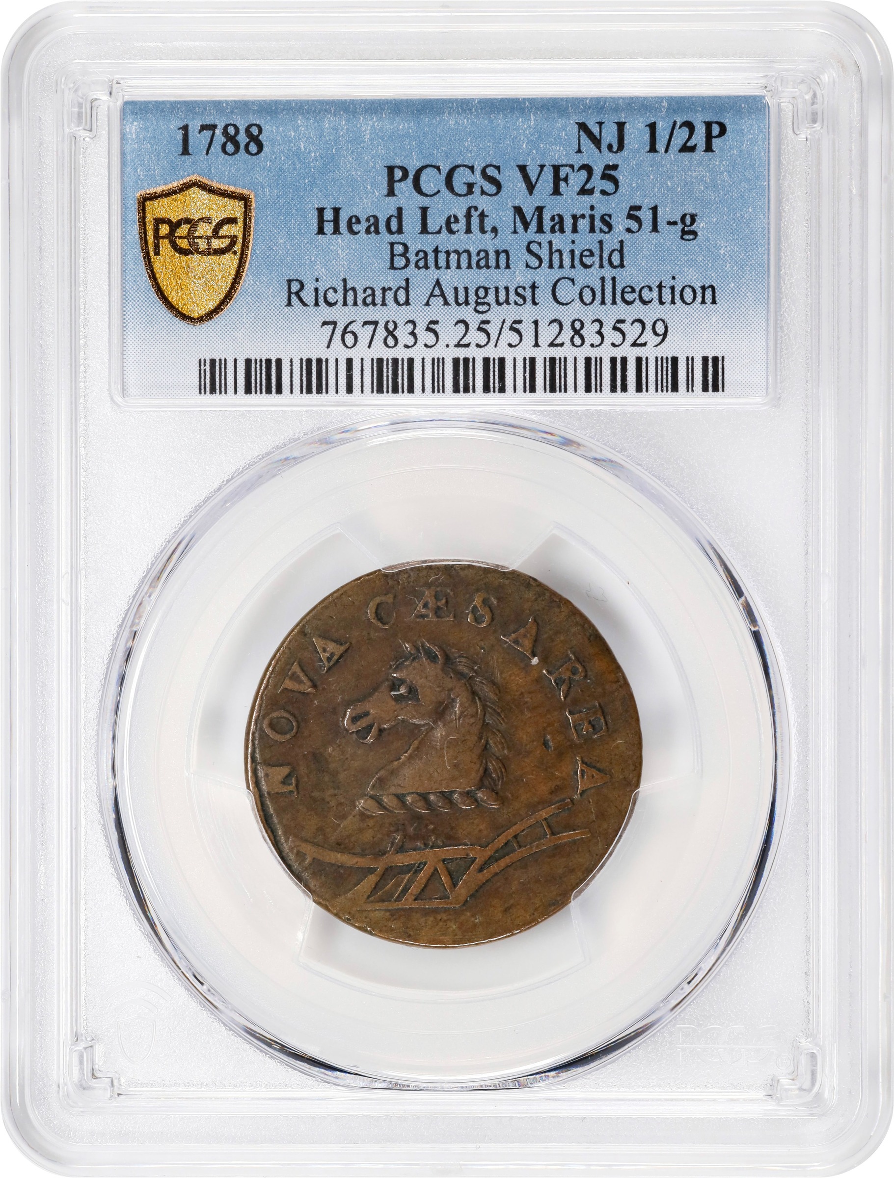 image for: 1788 New Jersey Copper. Maris 51-g, W-5480. Rarity-5+. Head Left, Batman Shield. VF-25 (PCGS).