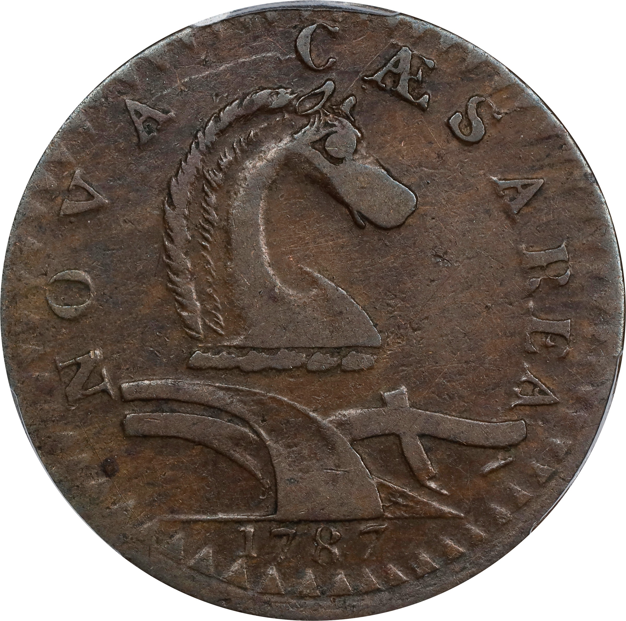 image for: 1787 New Jersey Copper. Maris 54-k, W-5295. Rarity-3. No Sprig Above Plow, Serpent Head. EF-45 (PCGS).