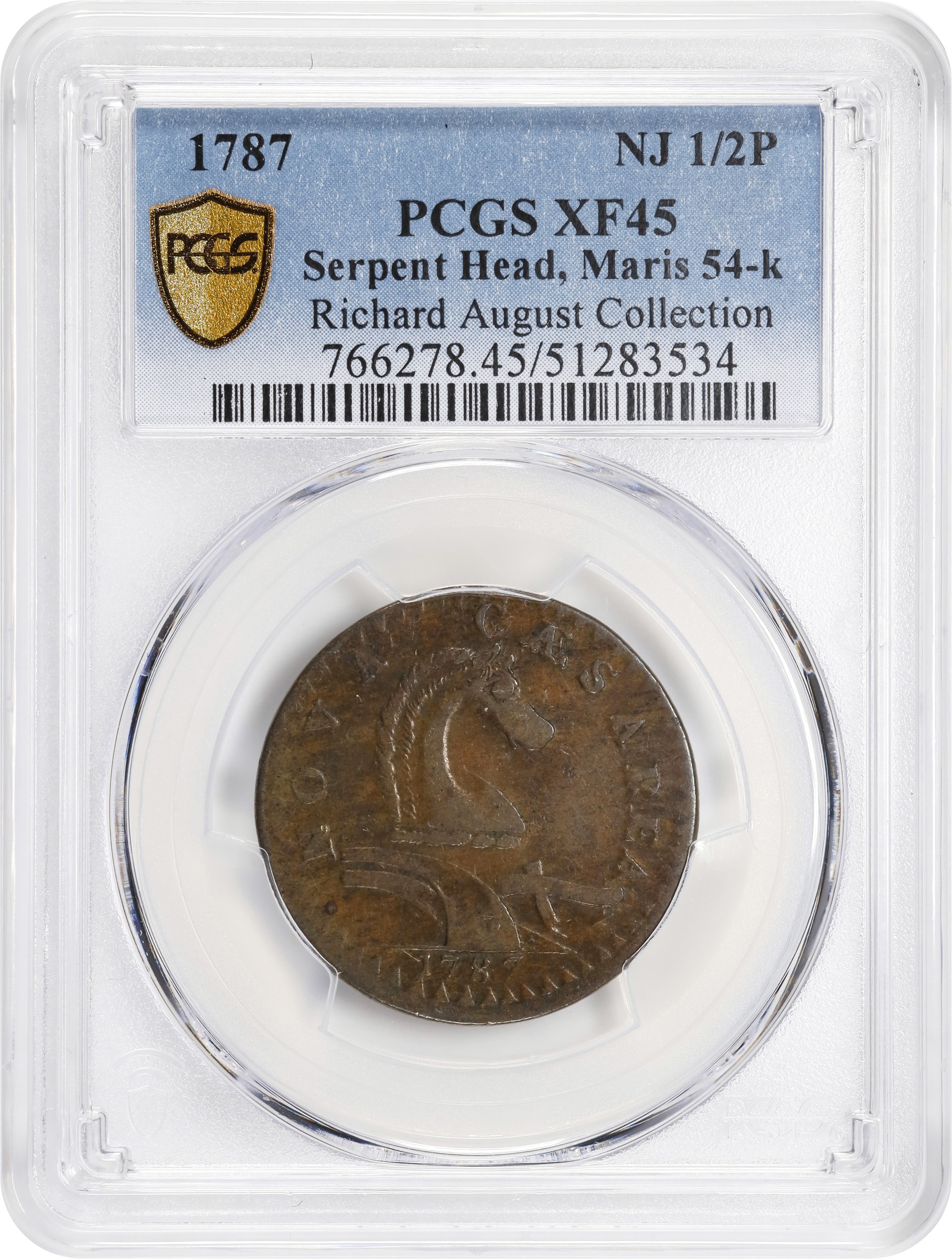 image for: 1787 New Jersey Copper. Maris 54-k, W-5295. Rarity-3. No Sprig Above Plow, Serpent Head. EF-45 (PCGS).