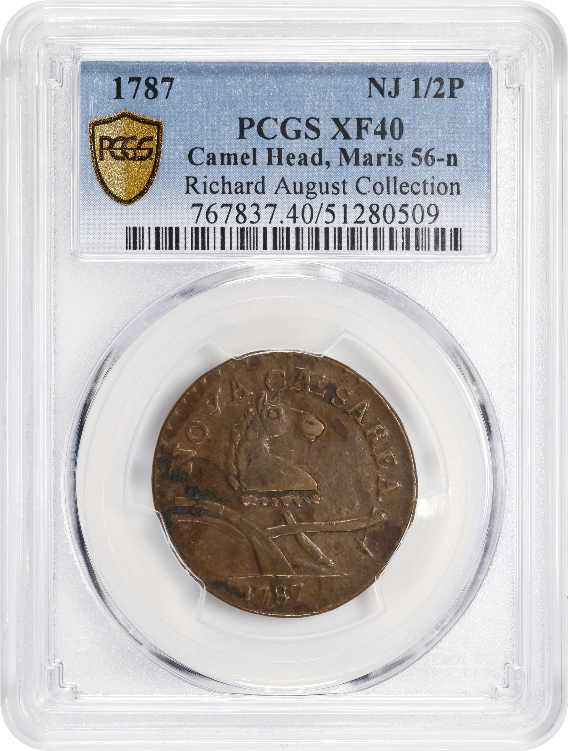 image for: 1787 New Jersey Copper. Maris 56-n, W-5310. Rarity-1. No Sprig Above Plow, Camel Head. EF-40 (PCGS).