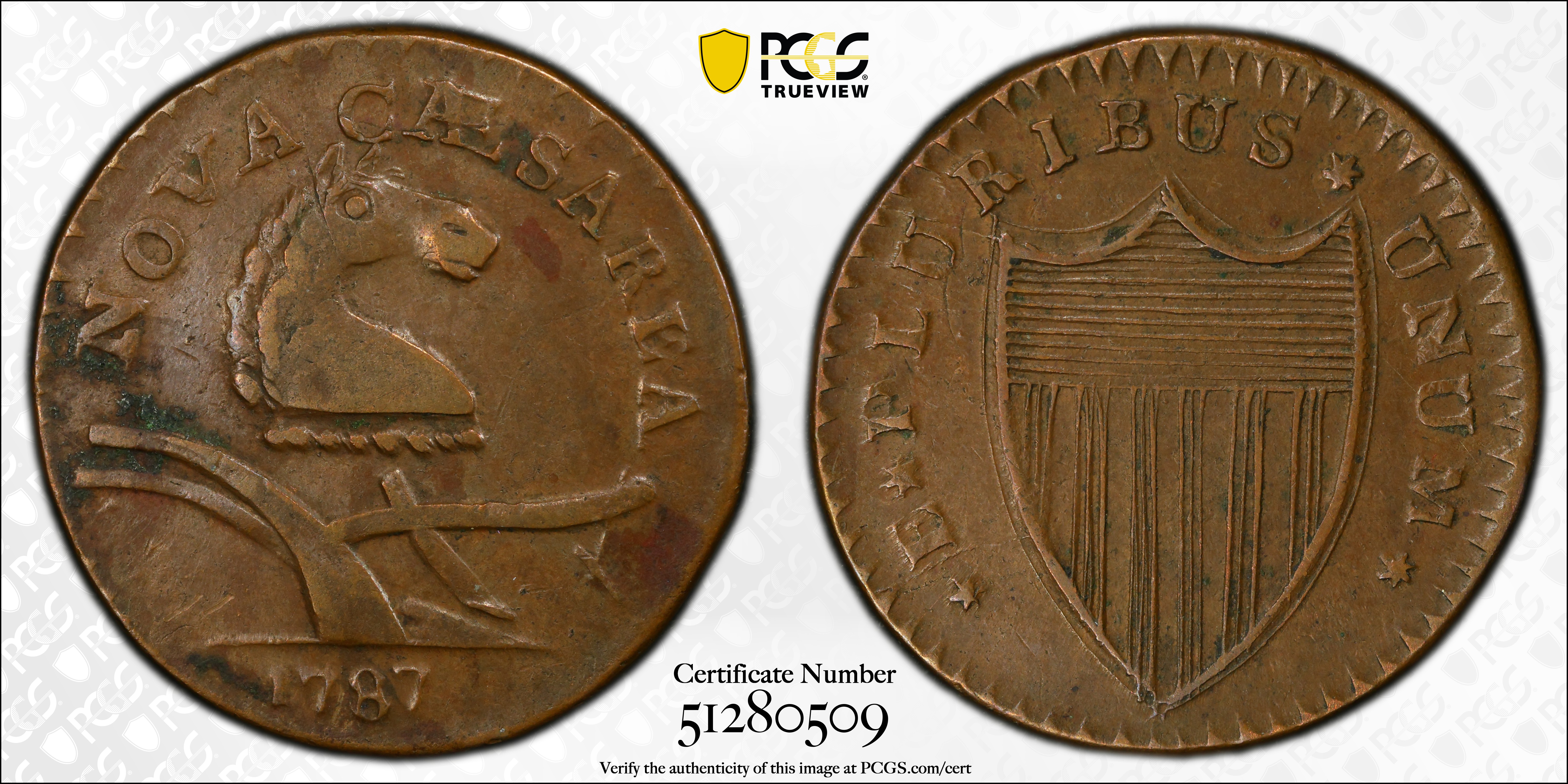 image for: 1787 New Jersey Copper. Maris 56-n, W-5310. Rarity-1. No Sprig Above Plow, Camel Head. EF-40 (PCGS).