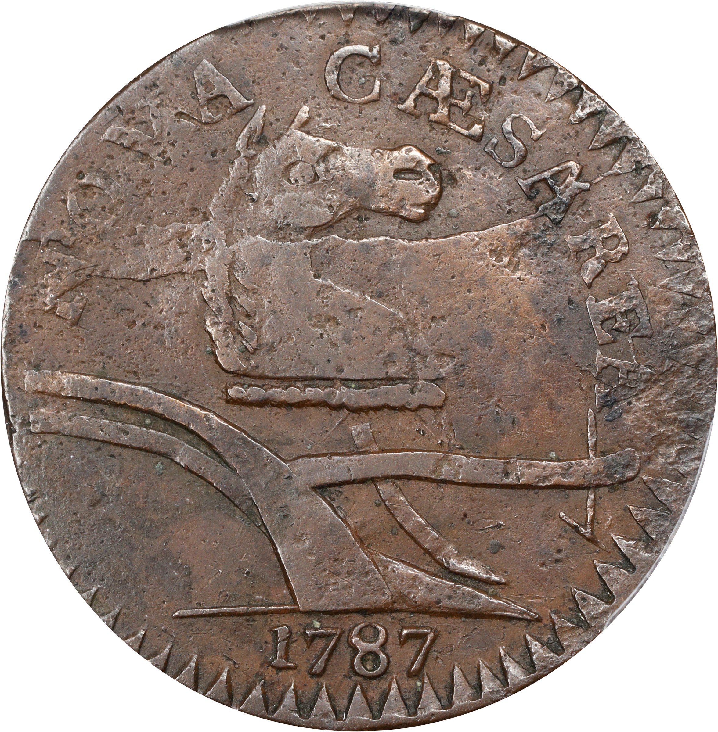 image for: 1787 New Jersey Copper. Maris 57-n, W-5315. Rarity-6. No Sprig Above Plow, Camel Head. EF-40 (PCGS).