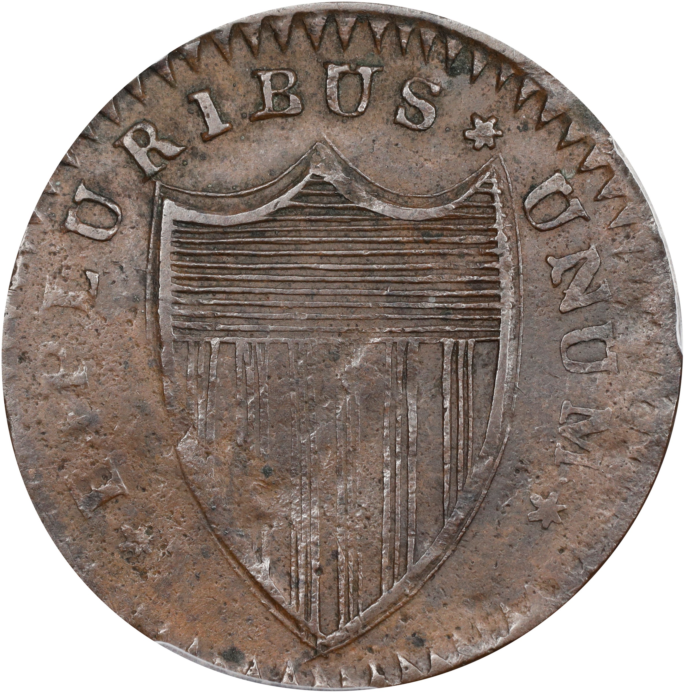 image for: 1787 New Jersey Copper. Maris 57-n, W-5315. Rarity-6. No Sprig Above Plow, Camel Head. EF-40 (PCGS).