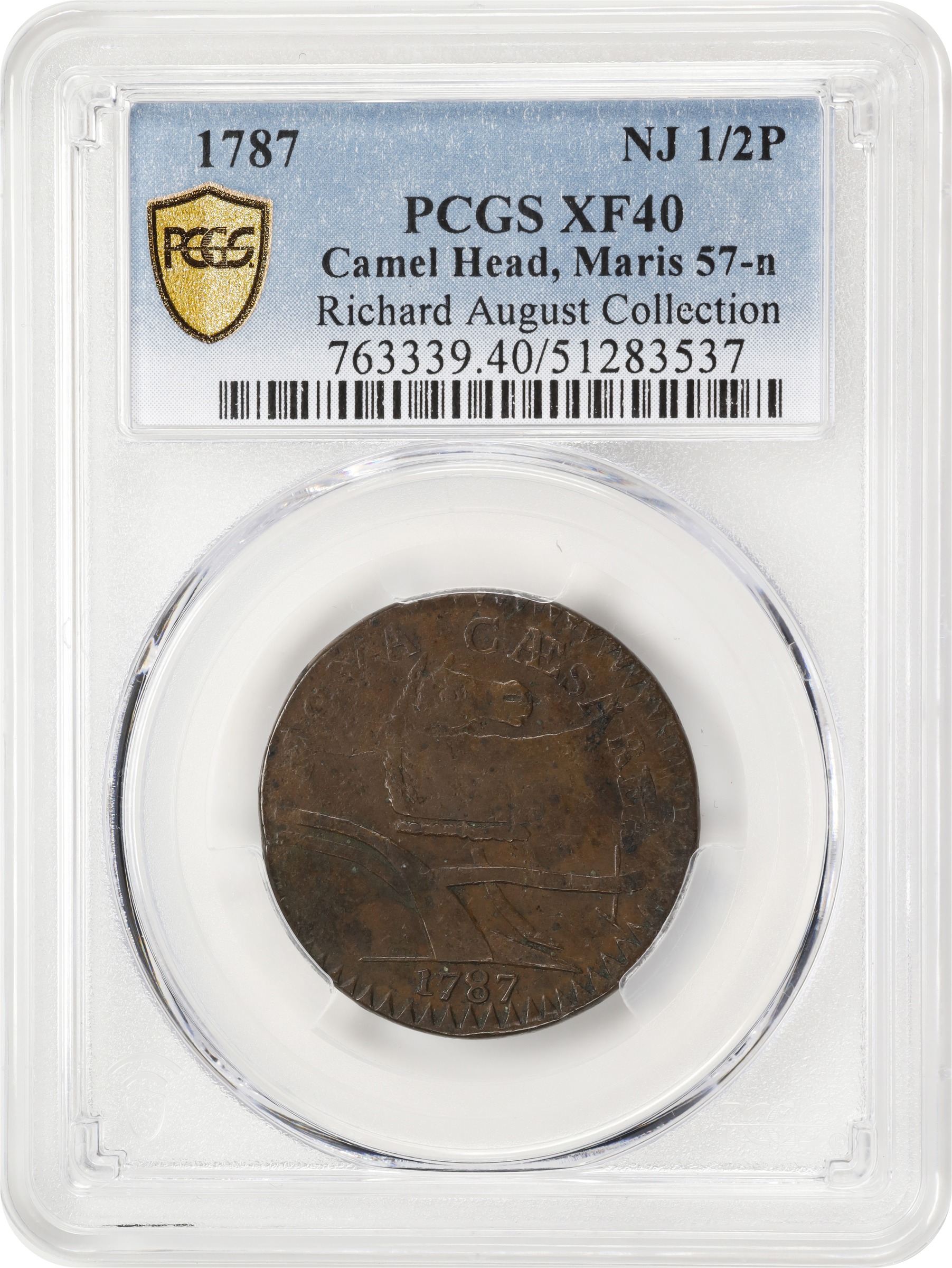 image for: 1787 New Jersey Copper. Maris 57-n, W-5315. Rarity-6. No Sprig Above Plow, Camel Head. EF-40 (PCGS).
