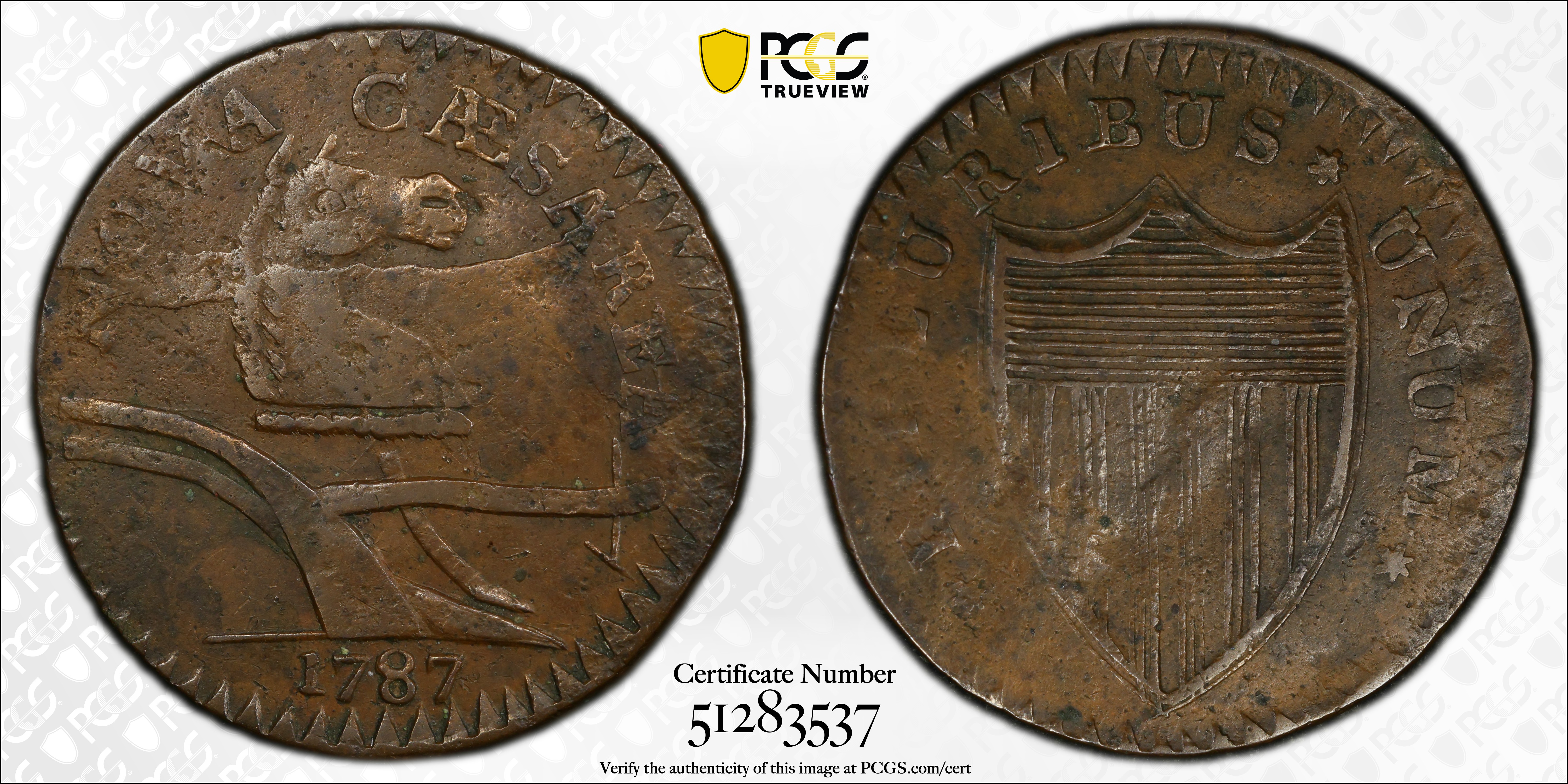 image for: 1787 New Jersey Copper. Maris 57-n, W-5315. Rarity-6. No Sprig Above Plow, Camel Head. EF-40 (PCGS).