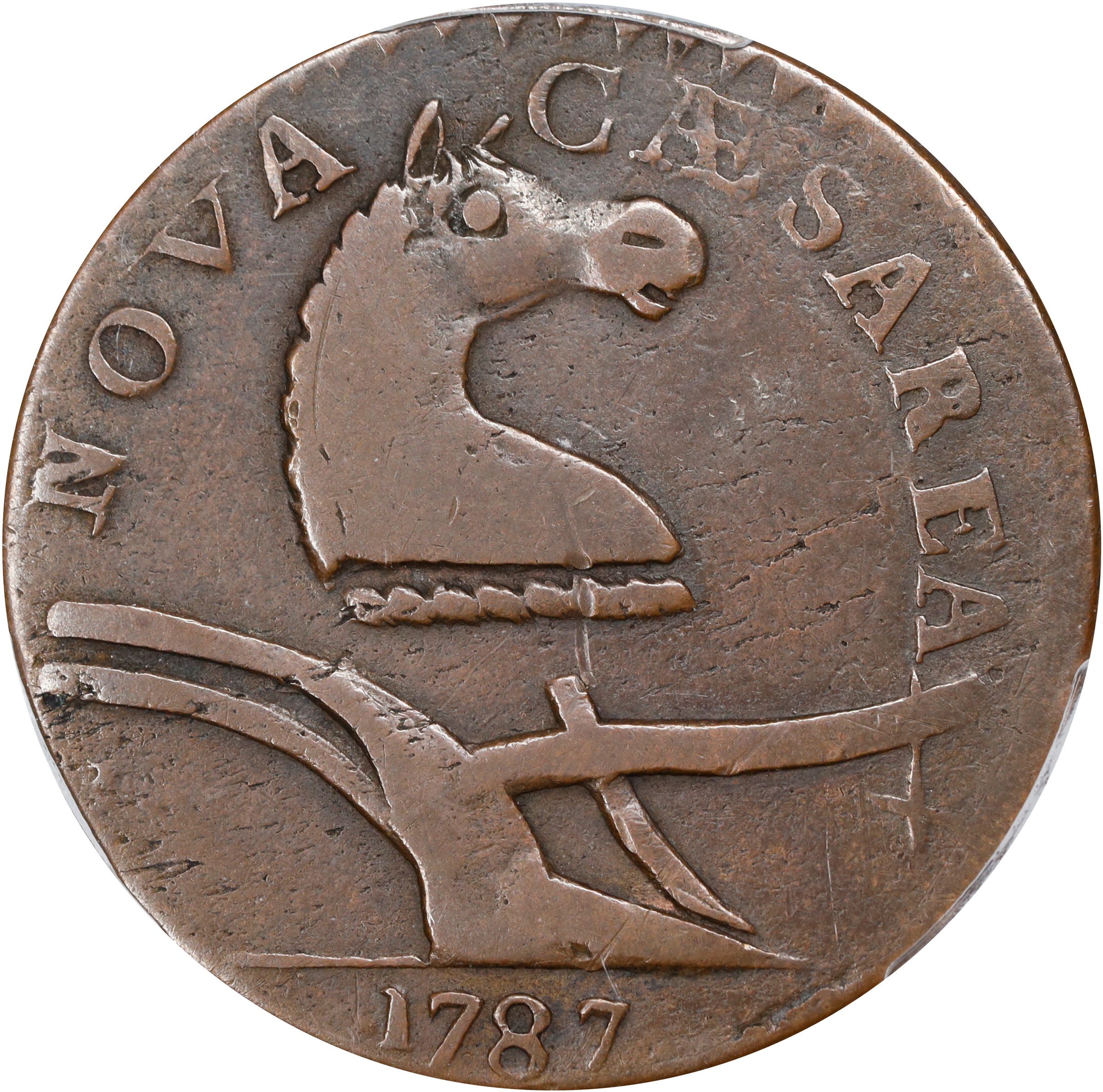 image for: 1787 New Jersey Copper. Maris 58-n, W-5320. Rarity-4. No Sprig Above Plow, Camel Head. VF-25 (PCGS).