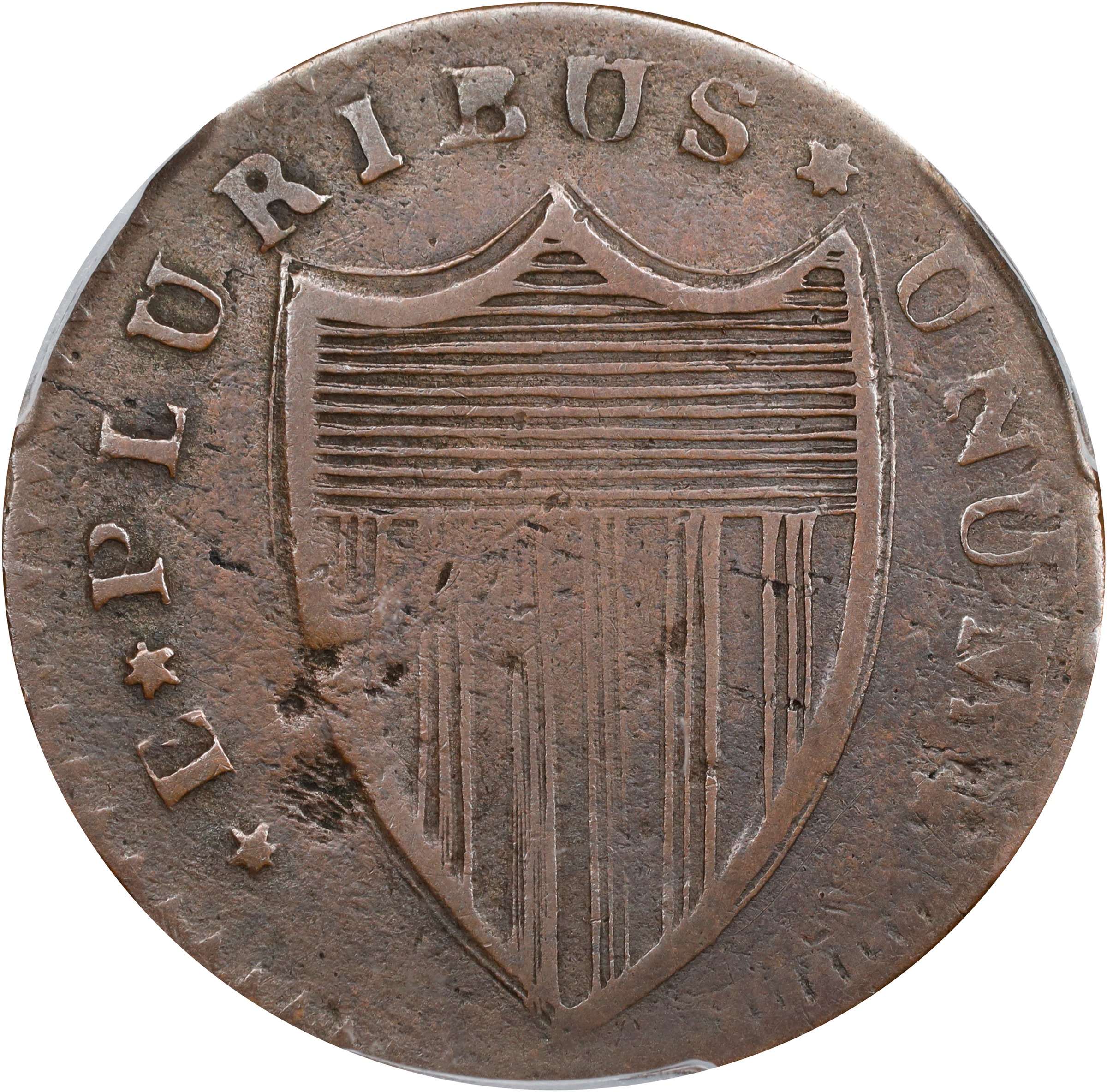 image for: 1787 New Jersey Copper. Maris 58-n, W-5320. Rarity-4. No Sprig Above Plow, Camel Head. VF-25 (PCGS).