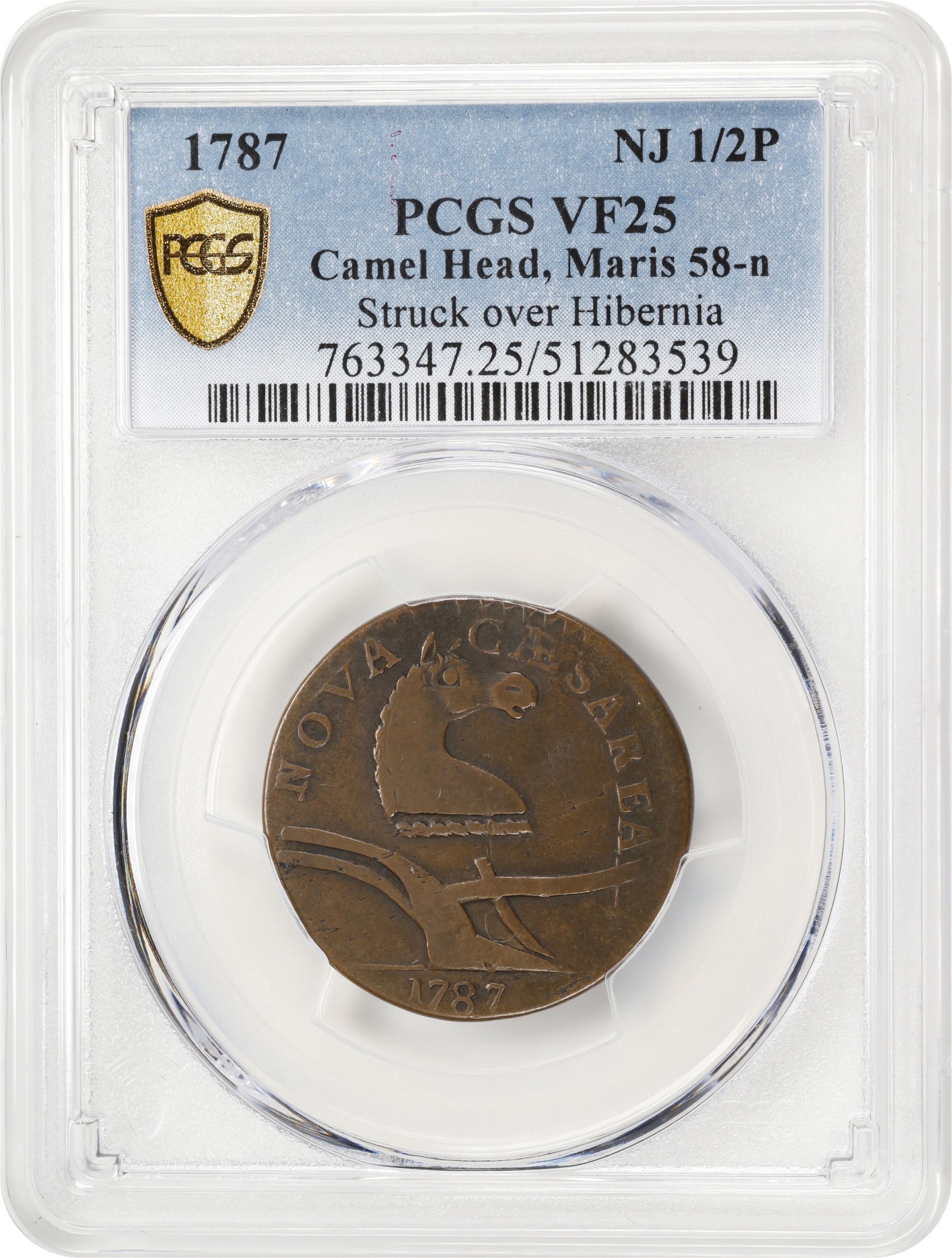 image for: 1787 New Jersey Copper. Maris 58-n, W-5320. Rarity-4. No Sprig Above Plow, Camel Head. VF-25 (PCGS).