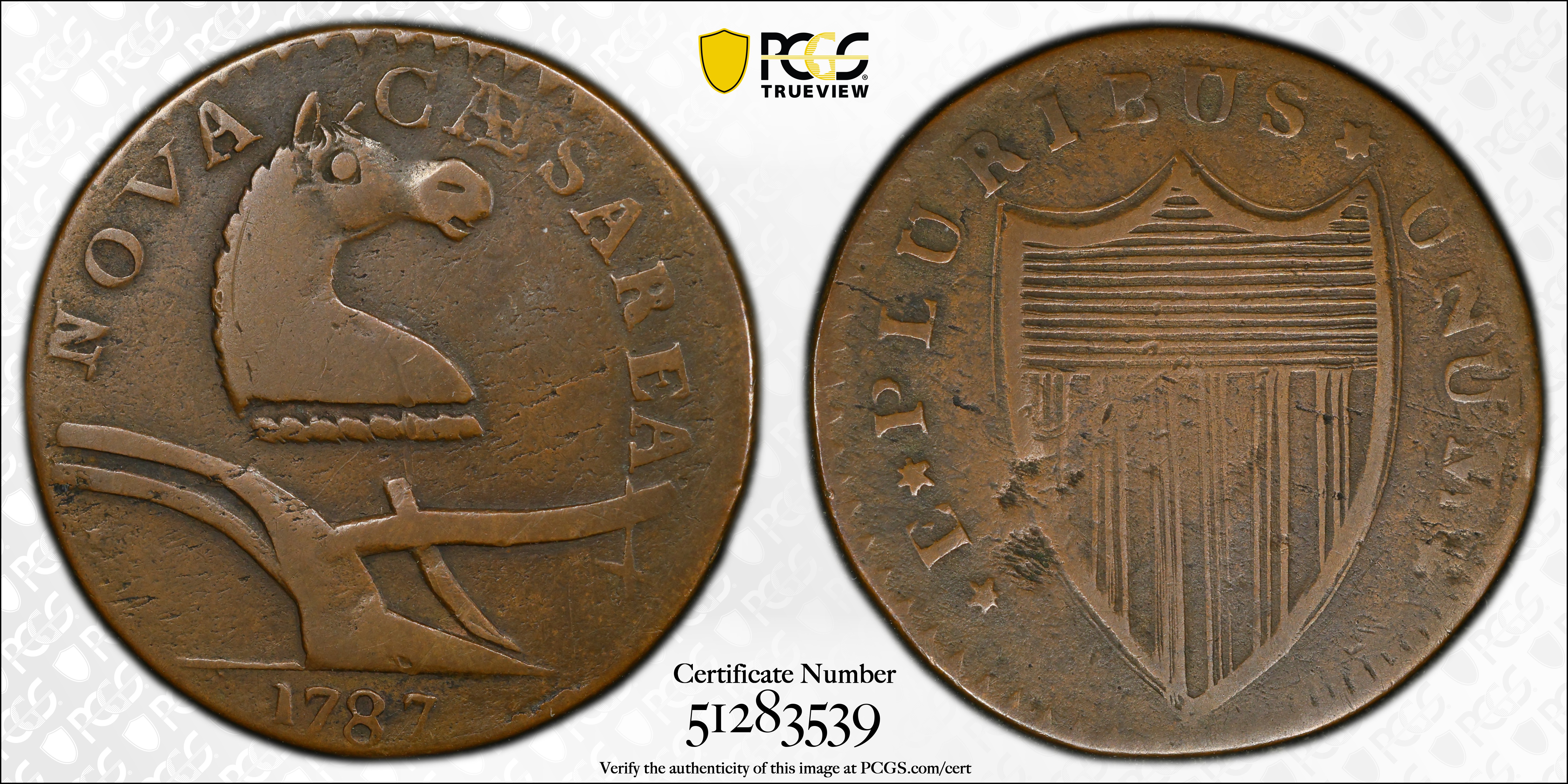 image for: 1787 New Jersey Copper. Maris 58-n, W-5320. Rarity-4. No Sprig Above Plow, Camel Head. VF-25 (PCGS).