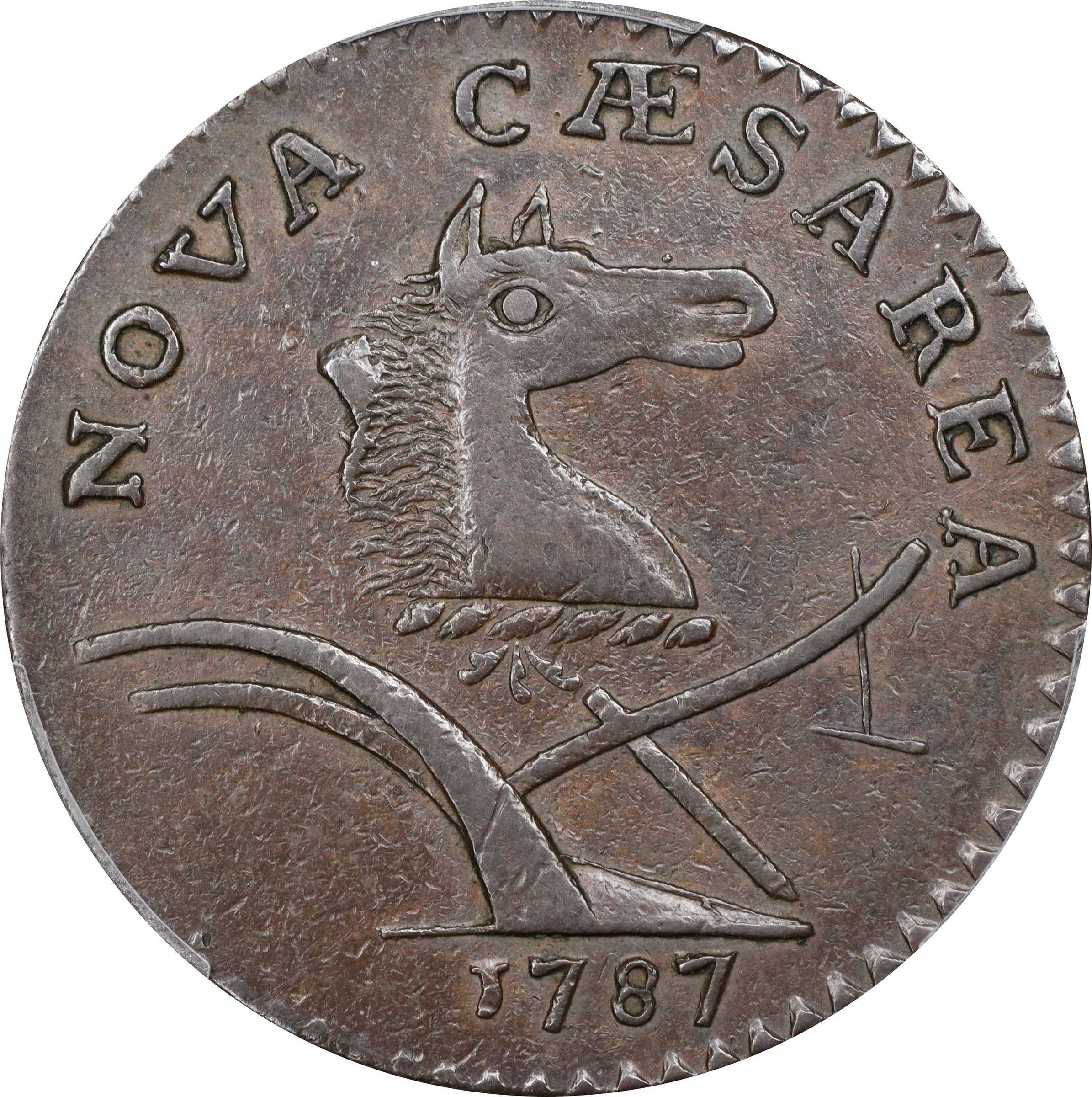 image for: 1787 New Jersey Copper. Maris 61-p, W-5345. Rarity-5-. Sprig Above Plow, PLURIBS. Large Planchet. AU-55 (PCGS).
