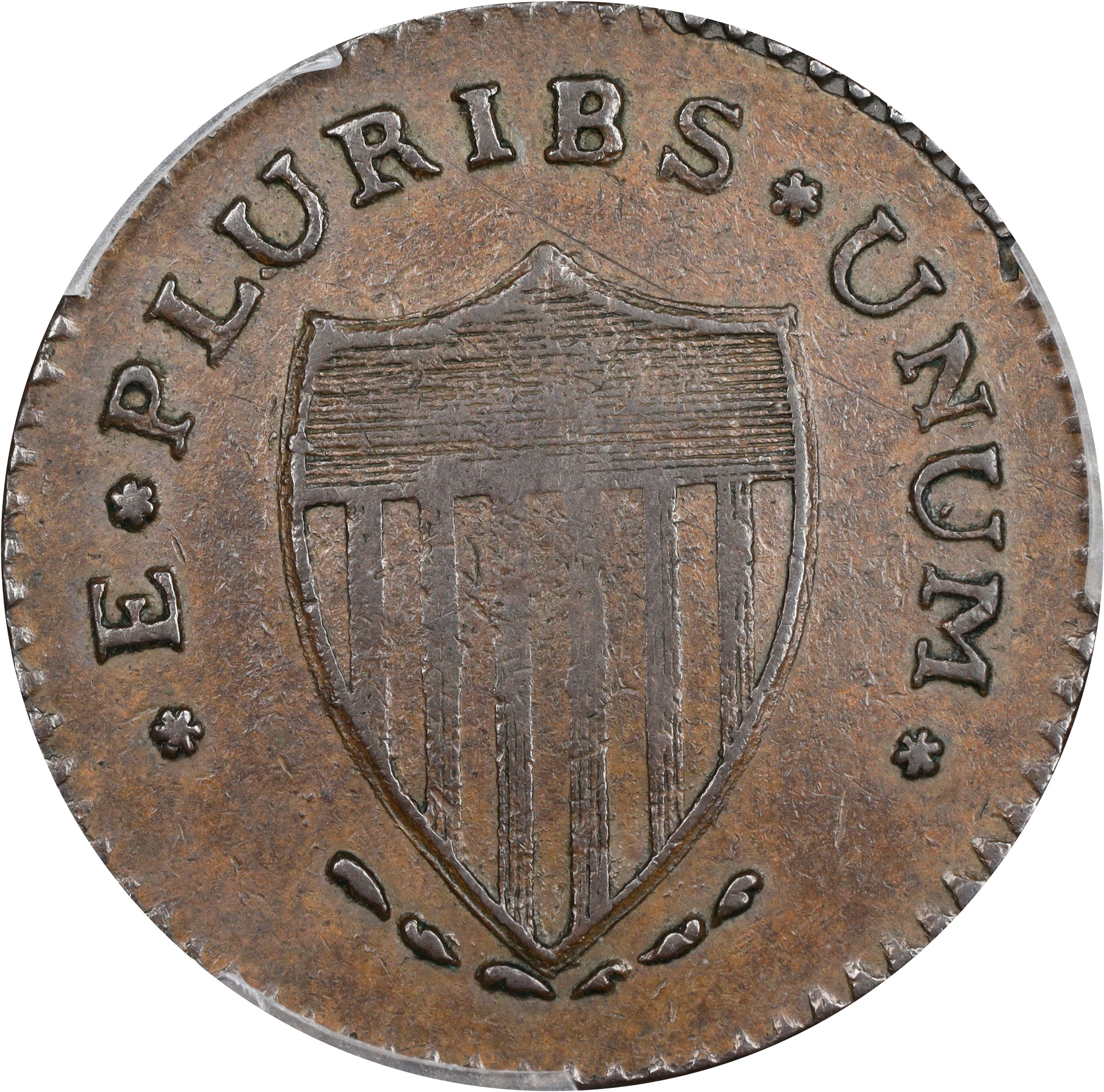 image for: 1787 New Jersey Copper. Maris 61-p, W-5345. Rarity-5-. Sprig Above Plow, PLURIBS. Large Planchet. AU-55 (PCGS).