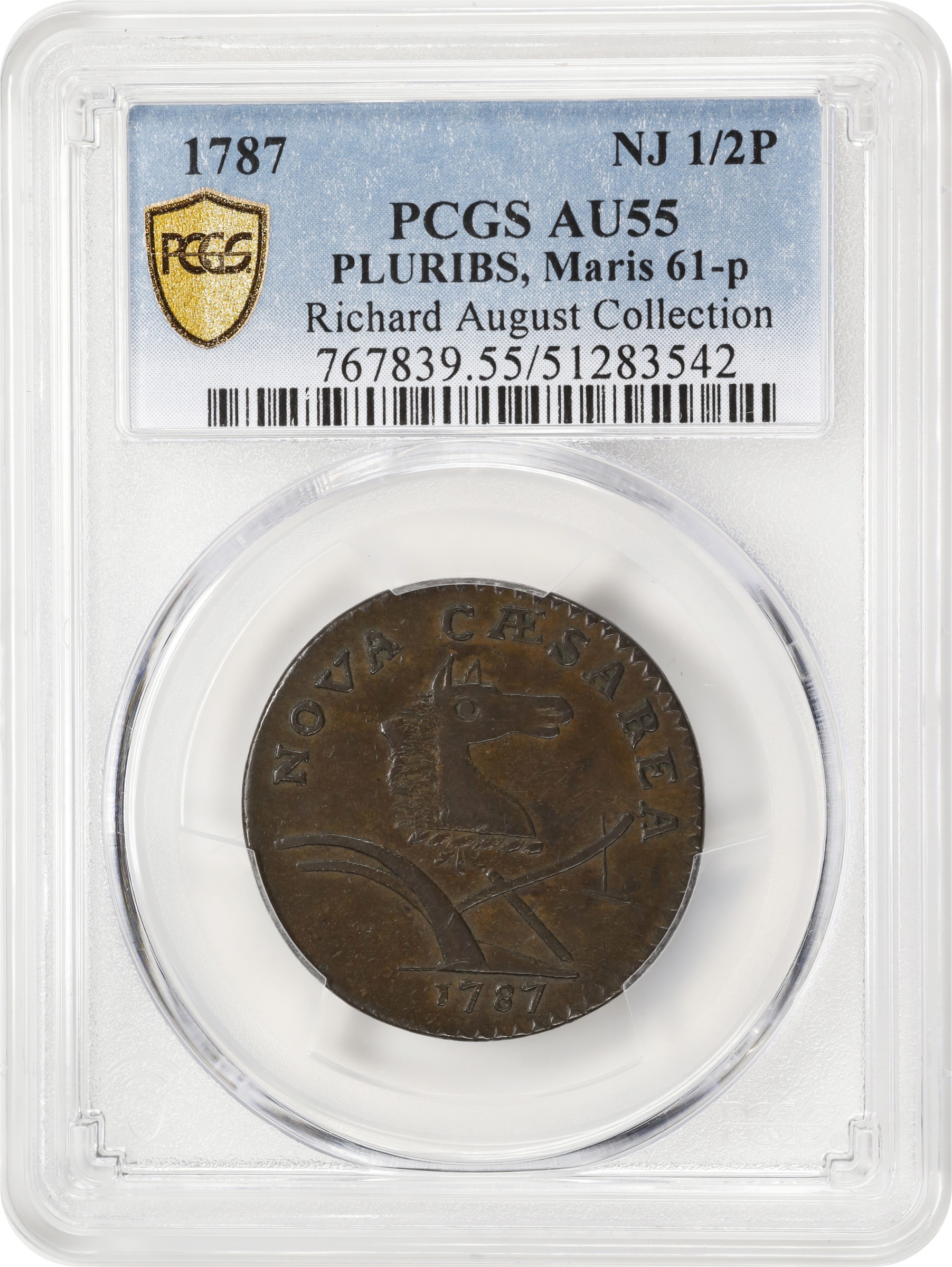 image for: 1787 New Jersey Copper. Maris 61-p, W-5345. Rarity-5-. Sprig Above Plow, PLURIBS. Large Planchet. AU-55 (PCGS).