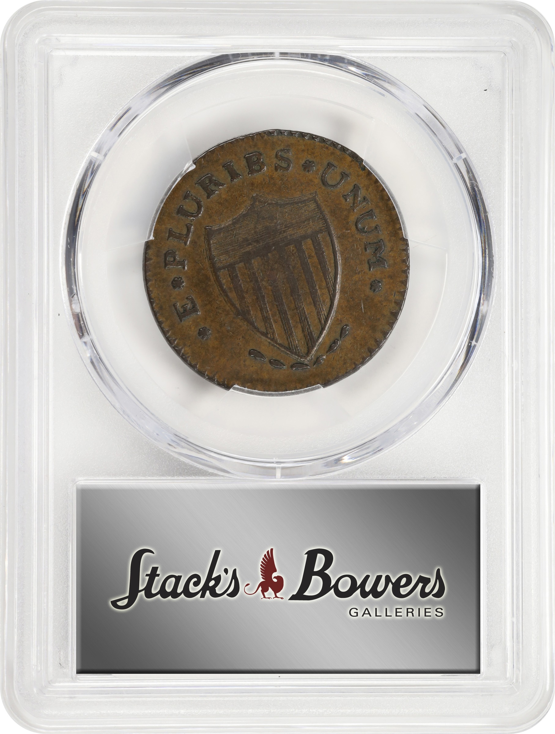 image for: 1787 New Jersey Copper. Maris 61-p, W-5345. Rarity-5-. Sprig Above Plow, PLURIBS. Large Planchet. AU-55 (PCGS).