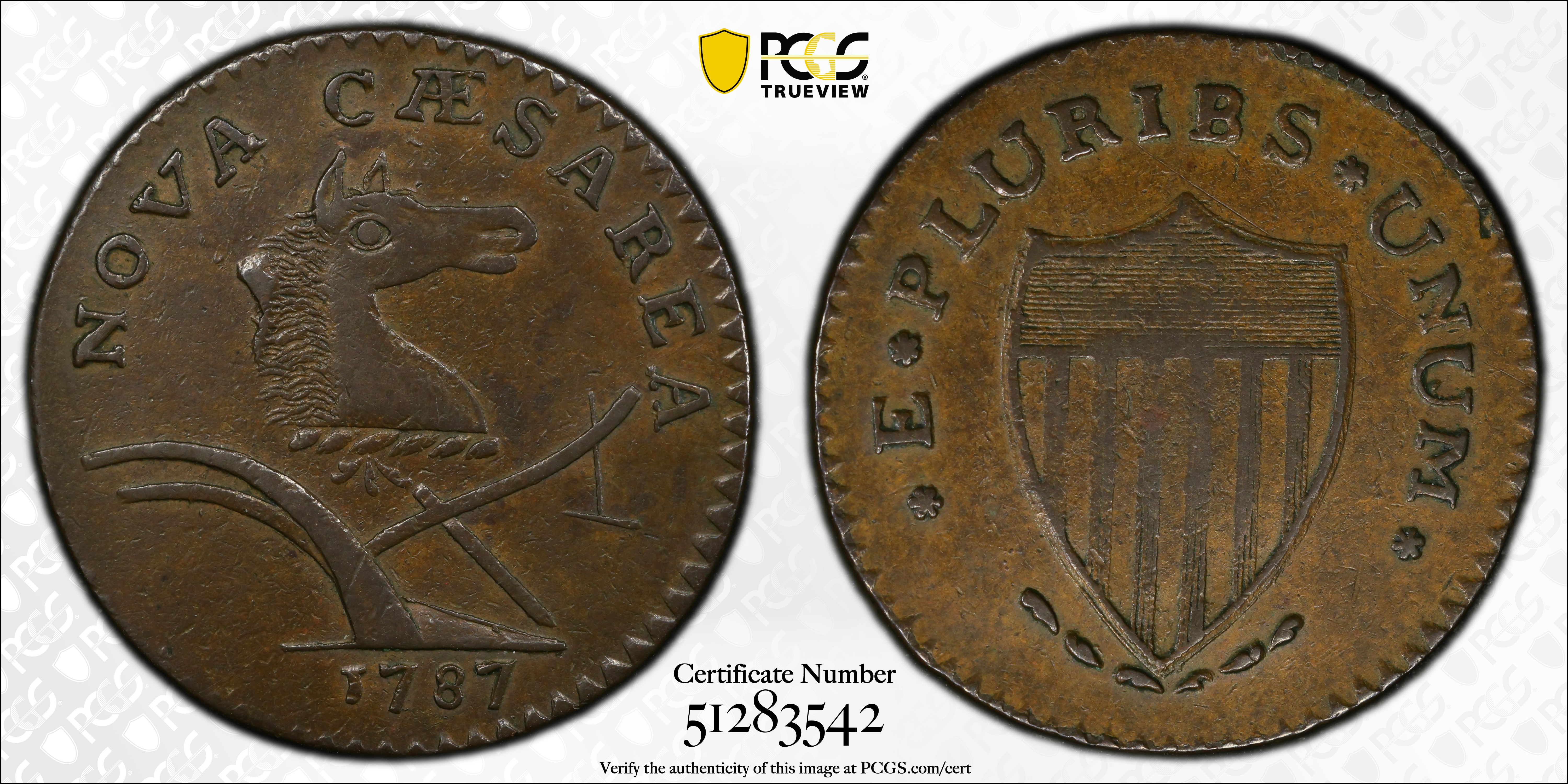 image for: 1787 New Jersey Copper. Maris 61-p, W-5345. Rarity-5-. Sprig Above Plow, PLURIBS. Large Planchet. AU-55 (PCGS).