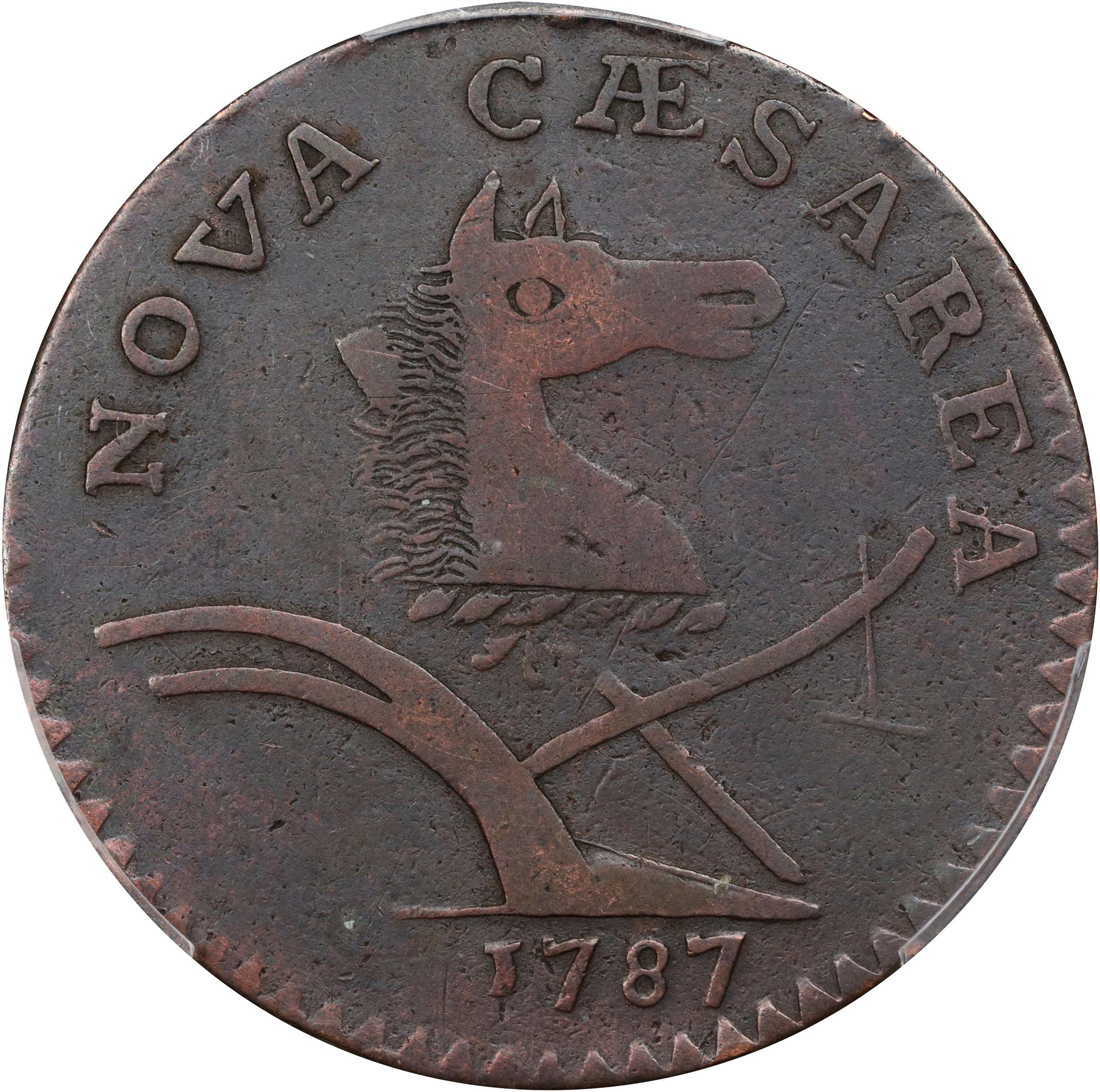 image for: 1787 New Jersey Copper. Maris 61-p, W-5345. Rarity-5-. Sprig Above Plow, PLURIBS. Large Planchet. VF-25 (PCGS).