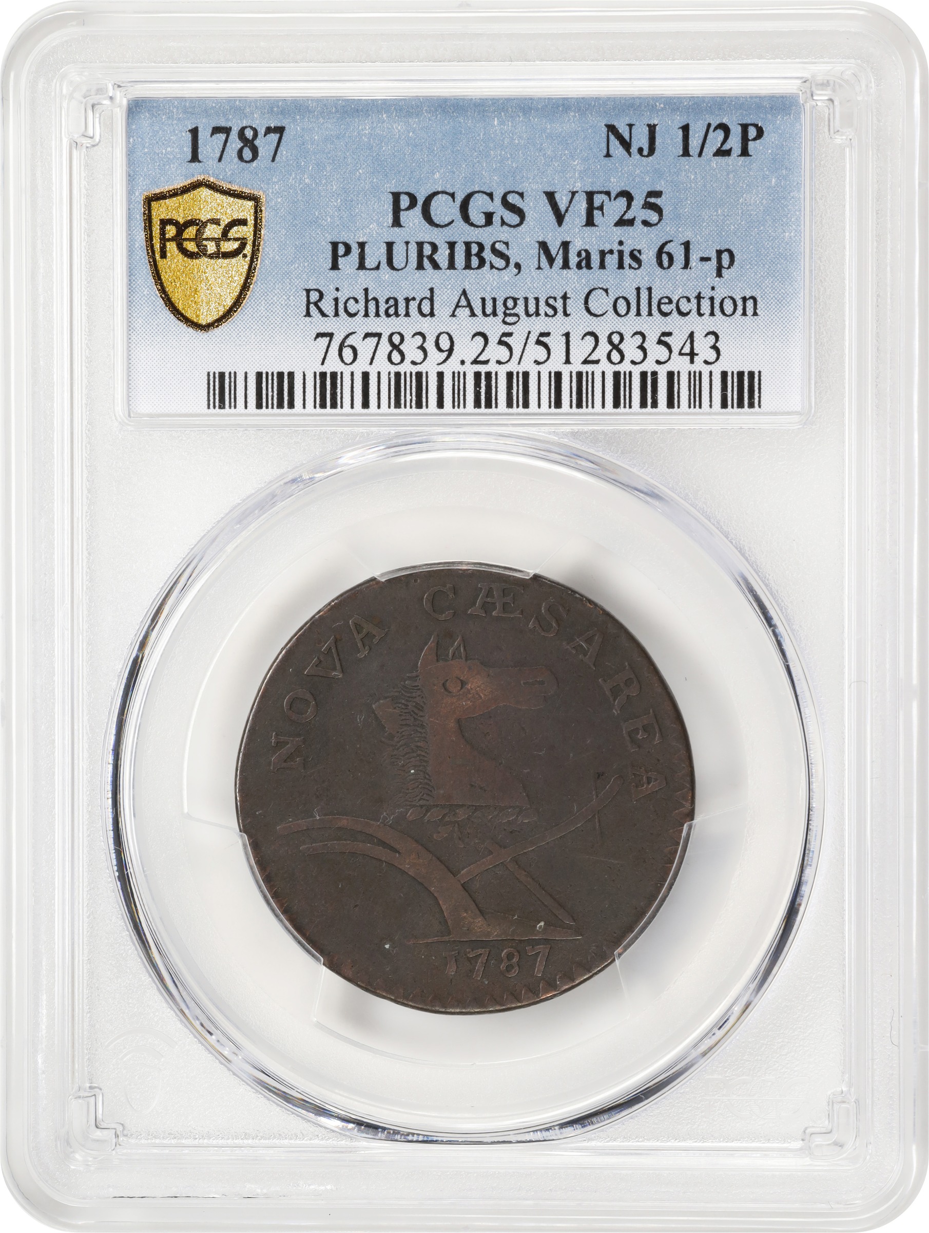 image for: 1787 New Jersey Copper. Maris 61-p, W-5345. Rarity-5-. Sprig Above Plow, PLURIBS. Large Planchet. VF-25 (PCGS).