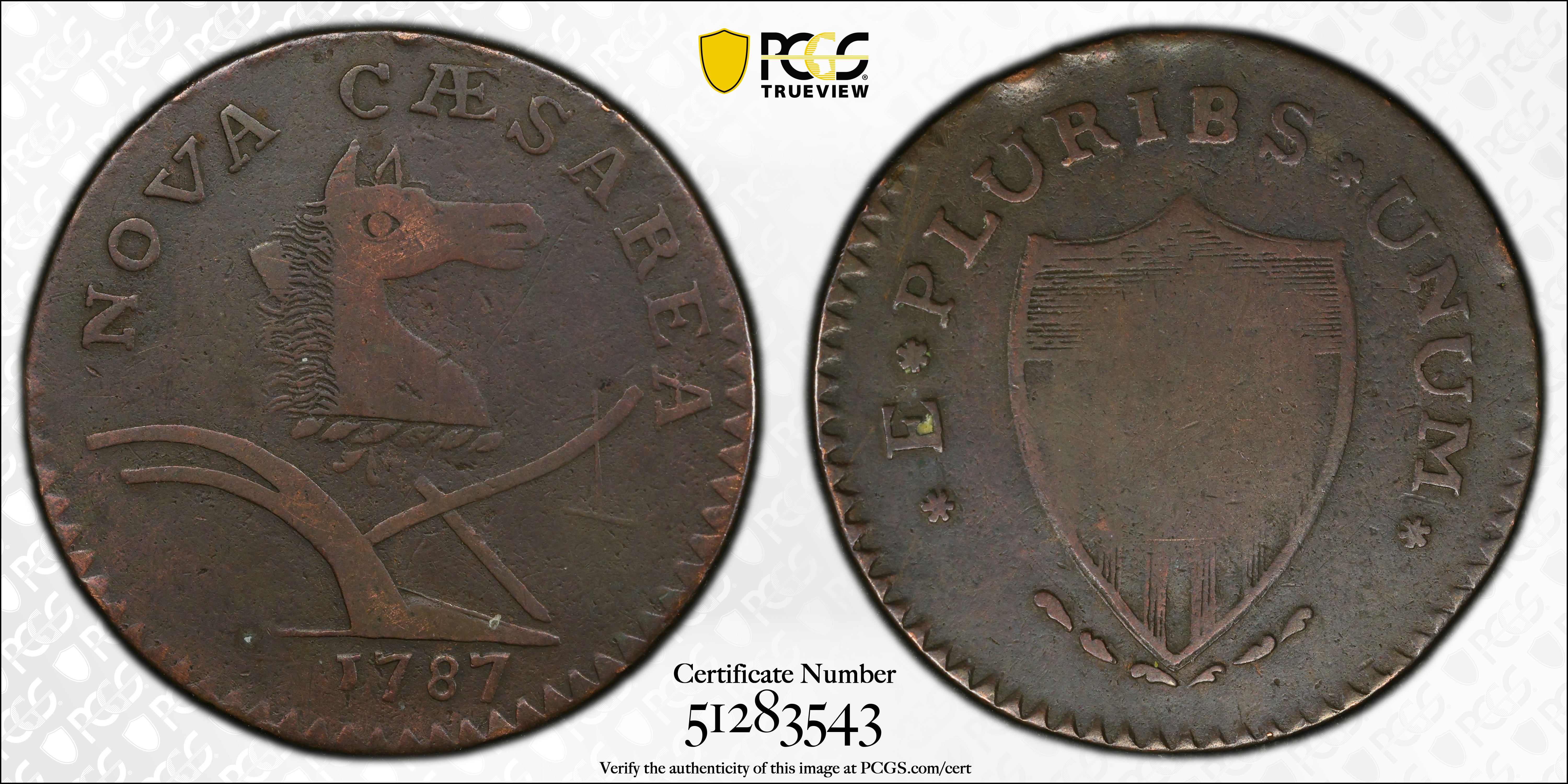 image for: 1787 New Jersey Copper. Maris 61-p, W-5345. Rarity-5-. Sprig Above Plow, PLURIBS. Large Planchet. VF-25 (PCGS).