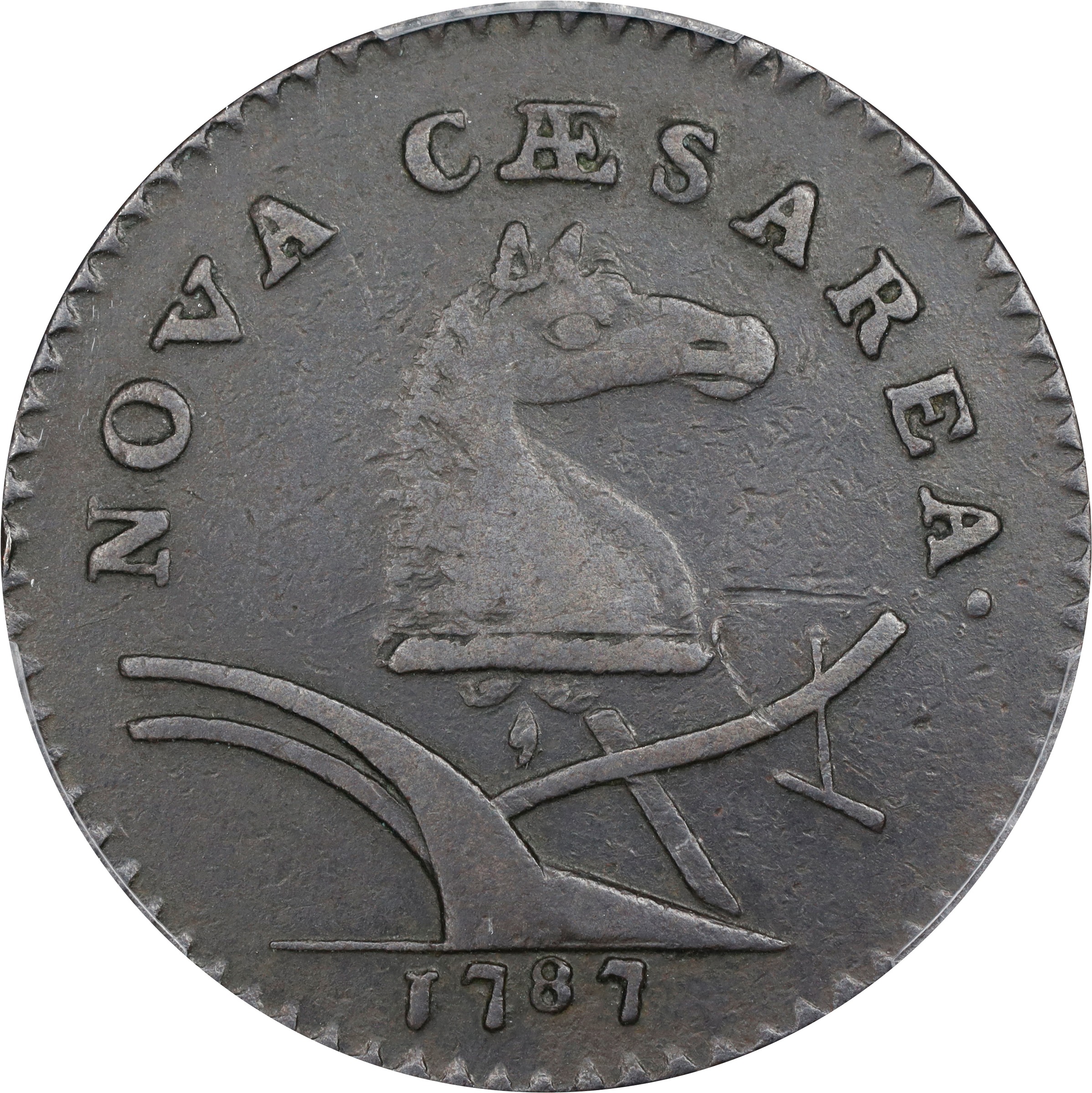 image for: 1787 New Jersey Copper. Maris 62-q, W-5350. Rarity-3. Sprig Above Plow, Hidden WM. Large Planchet. VF-35 (PCGS).