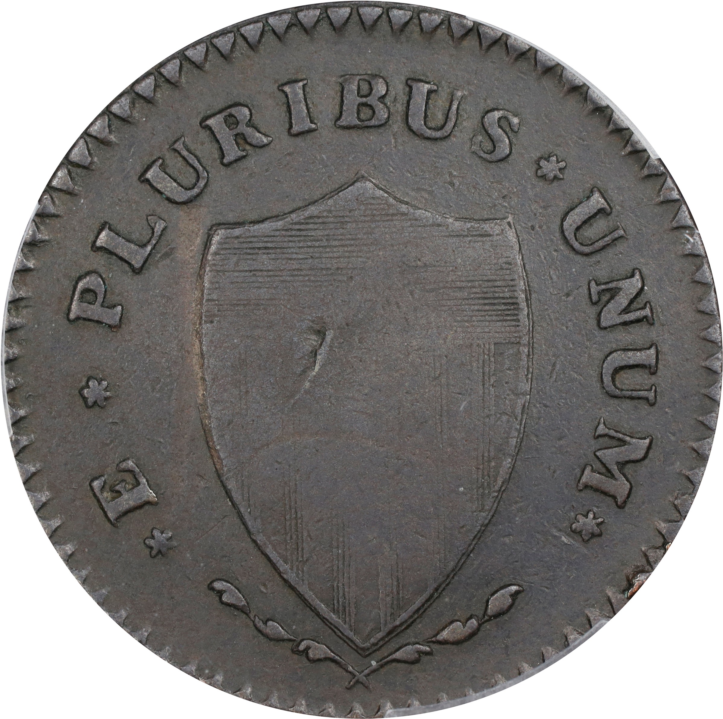 image for: 1787 New Jersey Copper. Maris 62-q, W-5350. Rarity-3. Sprig Above Plow, Hidden WM. Large Planchet. VF-35 (PCGS).