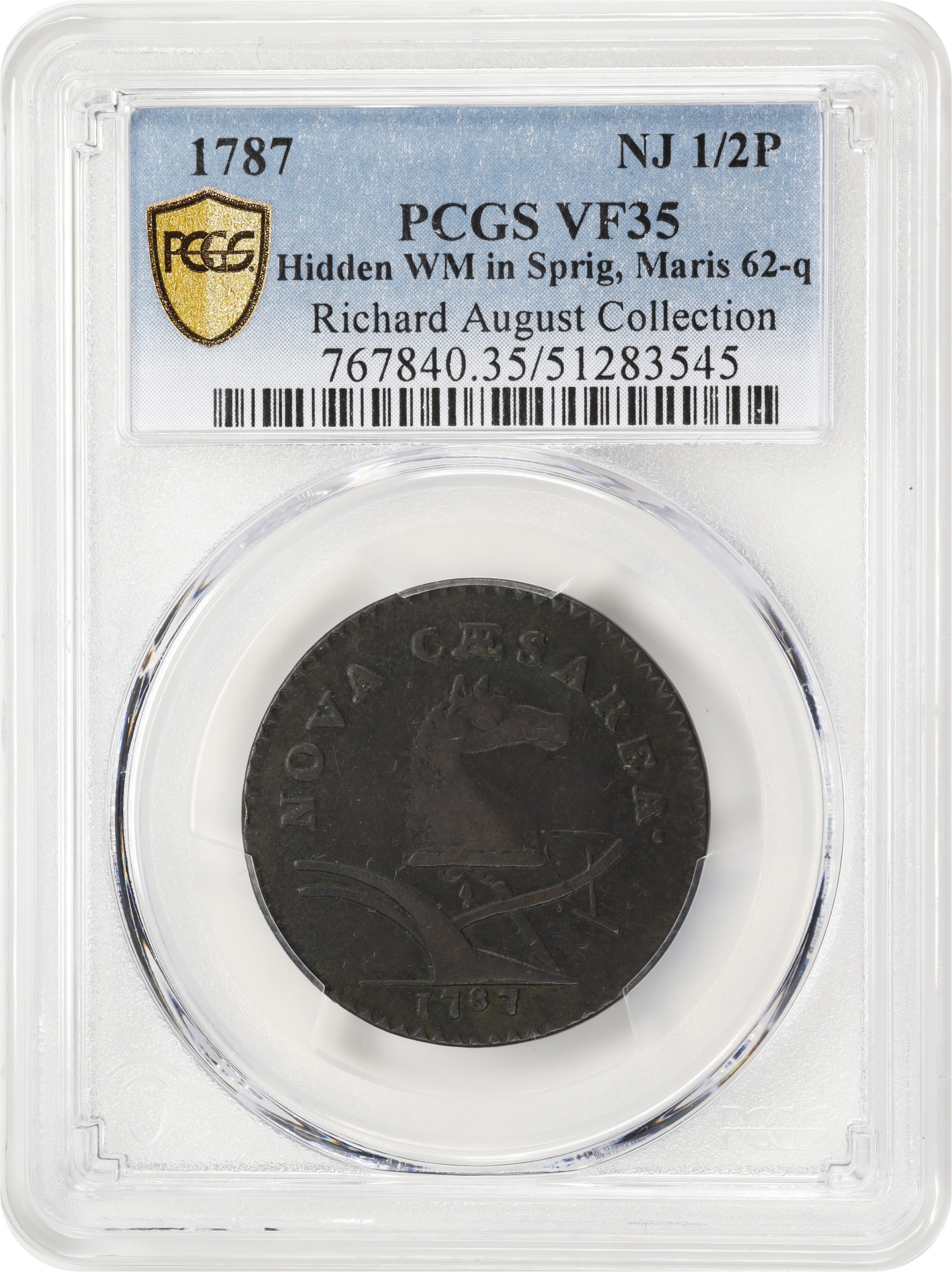 image for: 1787 New Jersey Copper. Maris 62-q, W-5350. Rarity-3. Sprig Above Plow, Hidden WM. Large Planchet. VF-35 (PCGS).