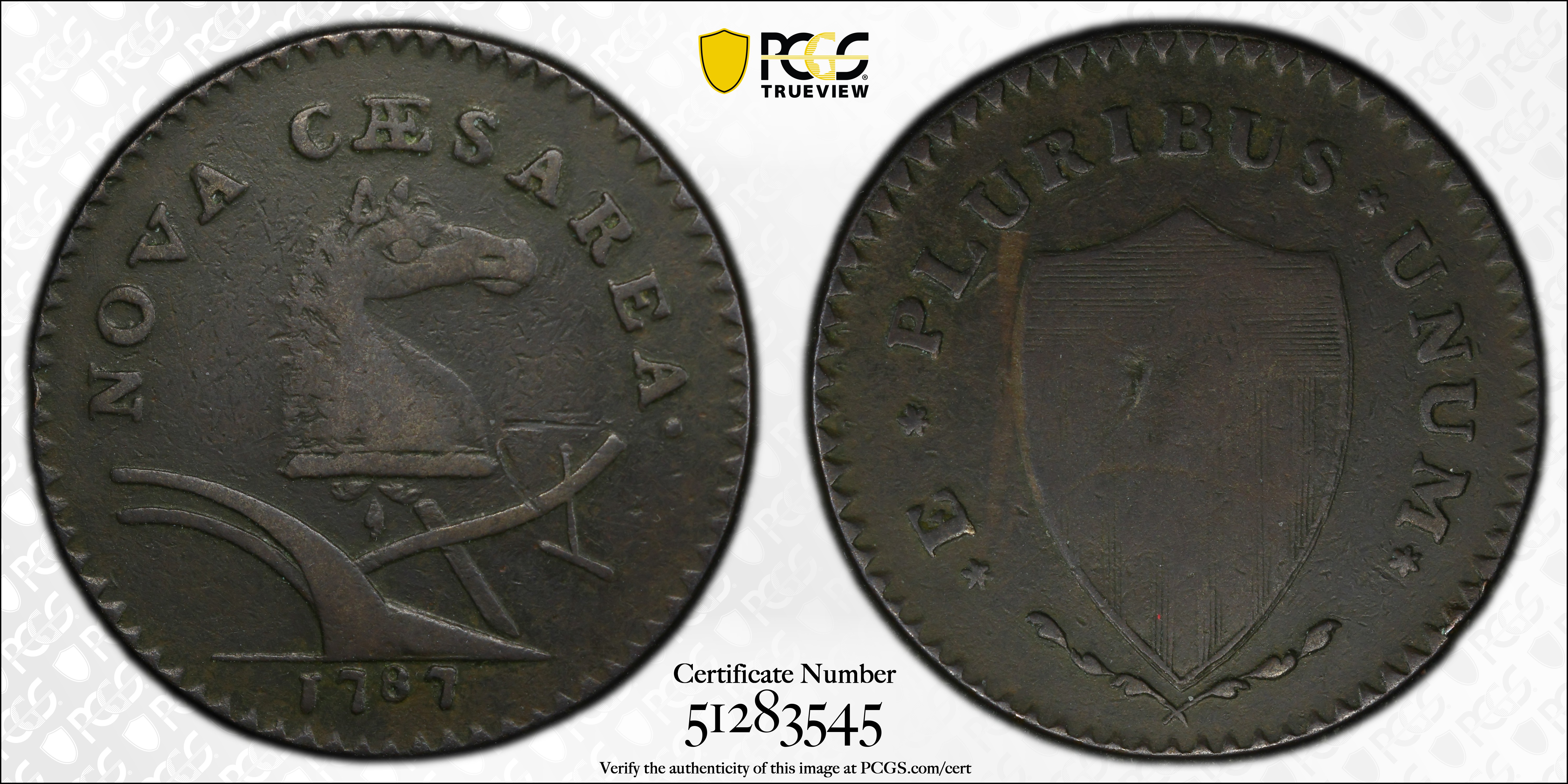 image for: 1787 New Jersey Copper. Maris 62-q, W-5350. Rarity-3. Sprig Above Plow, Hidden WM. Large Planchet. VF-35 (PCGS).
