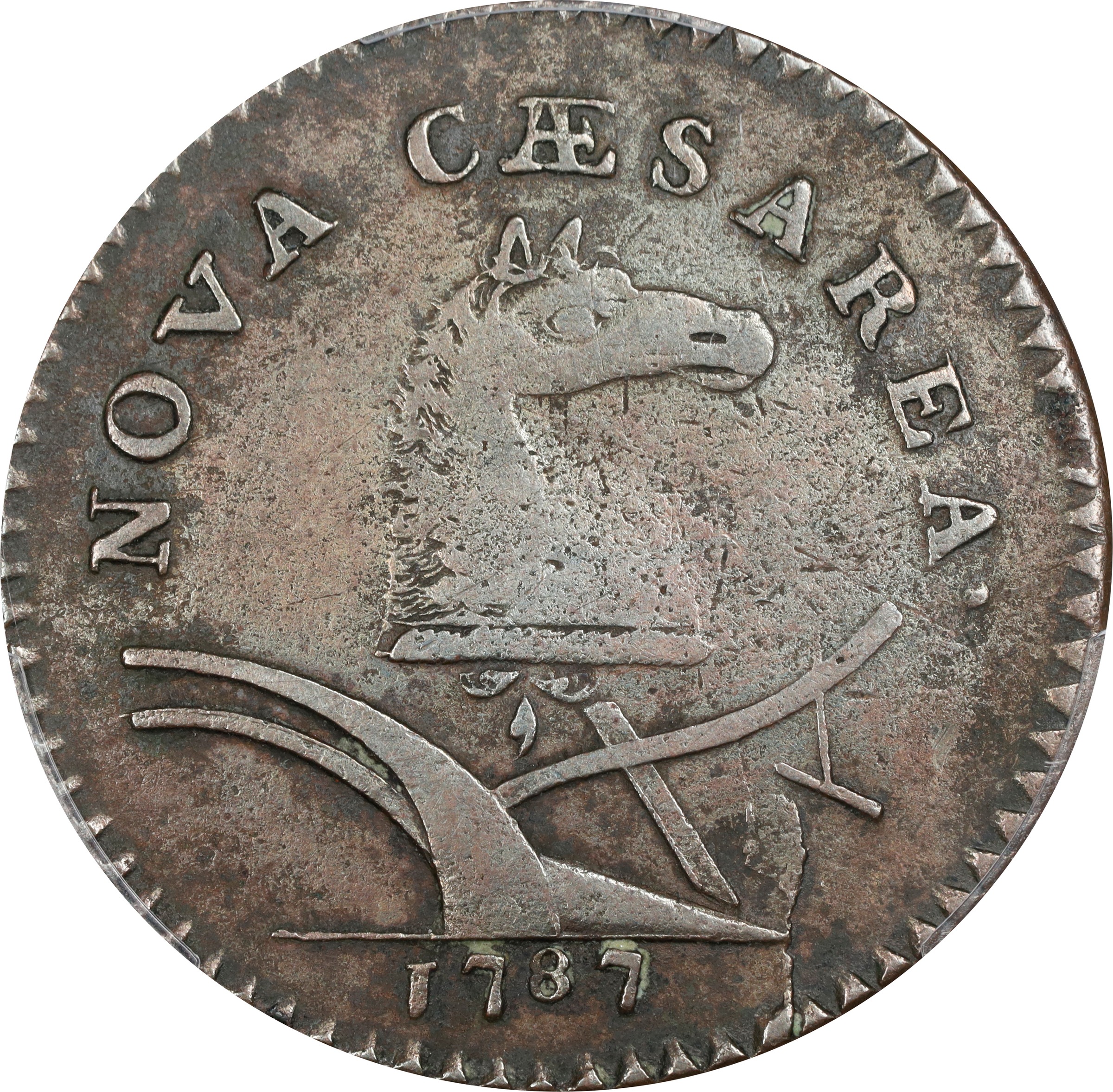 image for: 1787 New Jersey Copper. Maris 62-q, W-5350. Rarity-3. Sprig Above Plow, Hidden WM. Large Planchet. VF-35 (PCGS).