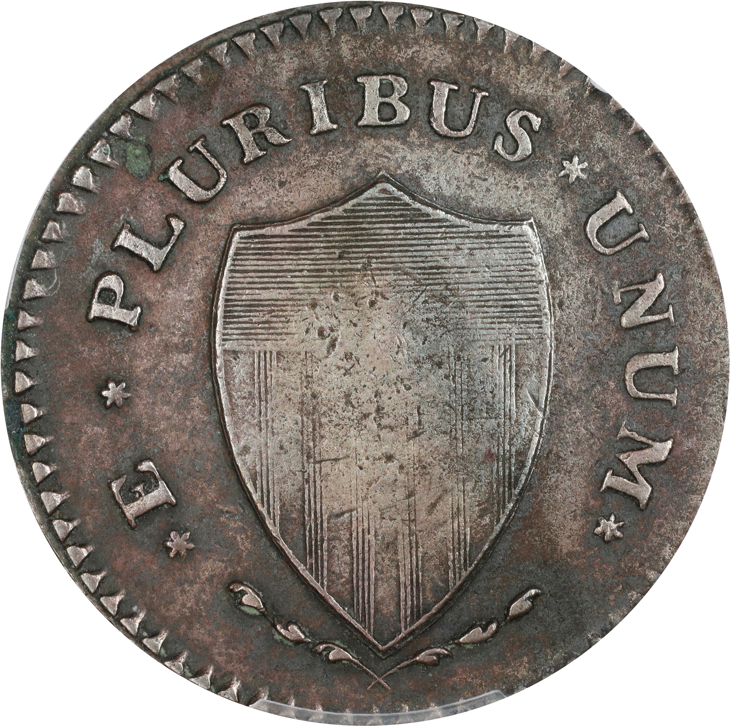 image for: 1787 New Jersey Copper. Maris 62-q, W-5350. Rarity-3. Sprig Above Plow, Hidden WM. Large Planchet. VF-35 (PCGS).