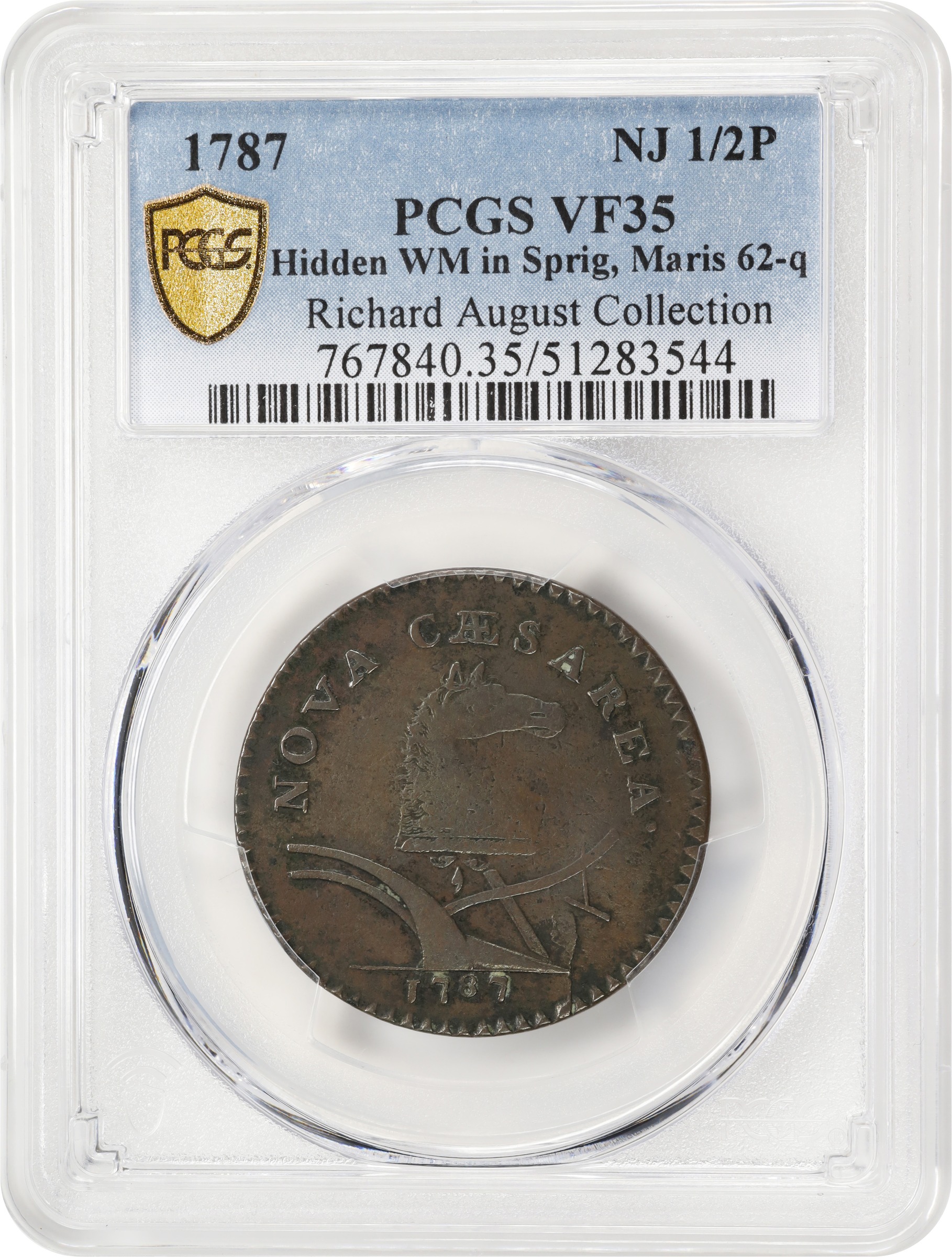 image for: 1787 New Jersey Copper. Maris 62-q, W-5350. Rarity-3. Sprig Above Plow, Hidden WM. Large Planchet. VF-35 (PCGS).