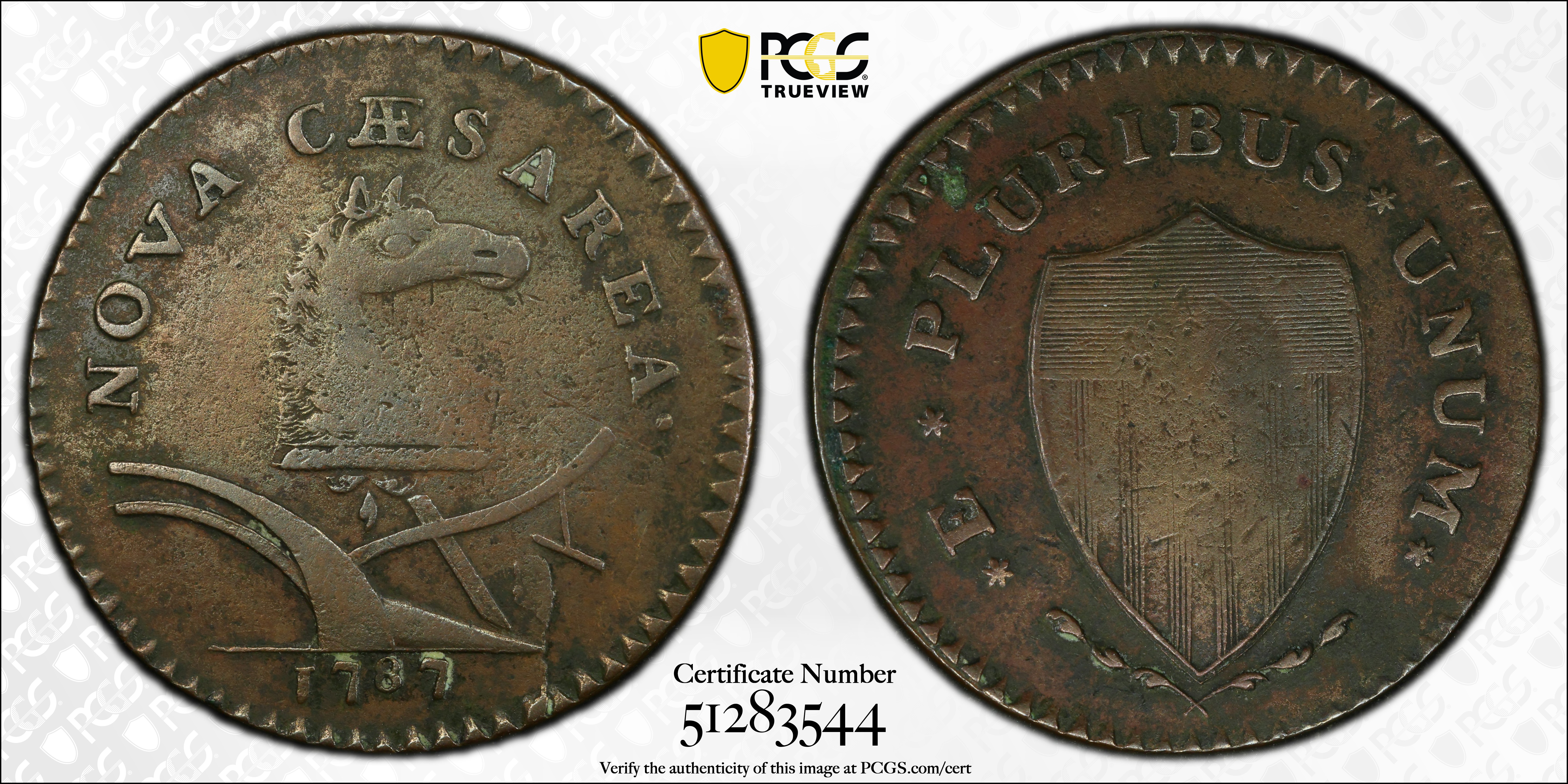 image for: 1787 New Jersey Copper. Maris 62-q, W-5350. Rarity-3. Sprig Above Plow, Hidden WM. Large Planchet. VF-35 (PCGS).