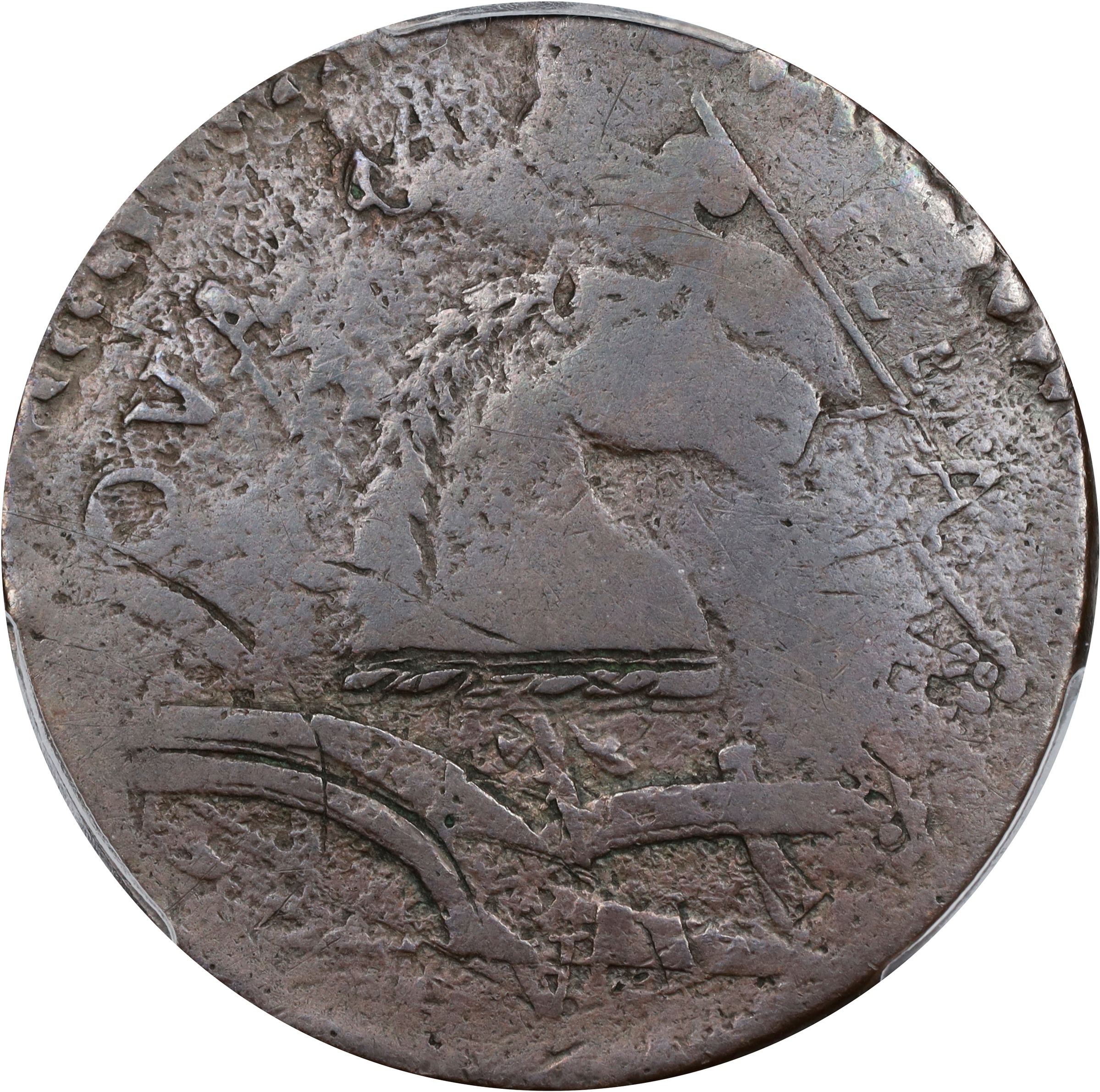 image for: 1787 New Jersey Copper. Maris 71-y, W-5415. Rarity-6. Sprig Above Plow, Plaited Mane. Overstruck on a 1771 Vlack 2-71A Machin's Mills Halfpenny. Fine-12 (PCGS).