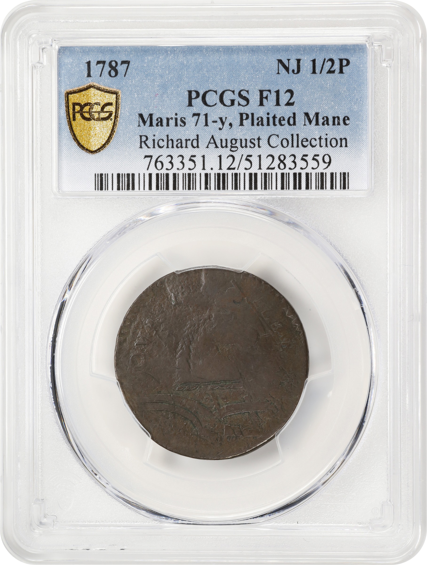 image for: 1787 New Jersey Copper. Maris 71-y, W-5415. Rarity-6. Sprig Above Plow, Plaited Mane. Overstruck on a 1771 Vlack 2-71A Machin's Mills Halfpenny. Fine-12 (PCGS).