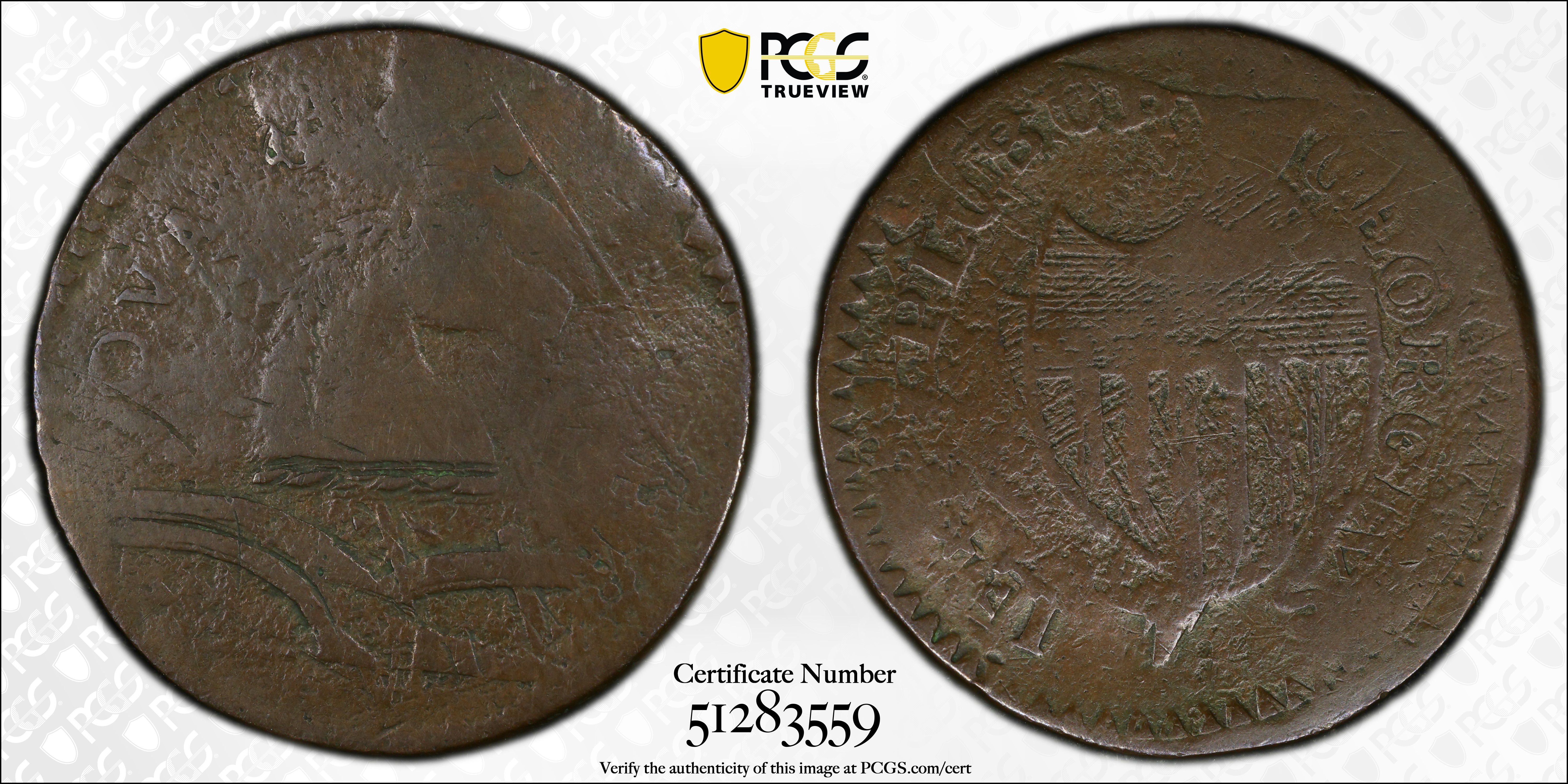 image for: 1787 New Jersey Copper. Maris 71-y, W-5415. Rarity-6. Sprig Above Plow, Plaited Mane. Overstruck on a 1771 Vlack 2-71A Machin's Mills Halfpenny. Fine-12 (PCGS).
