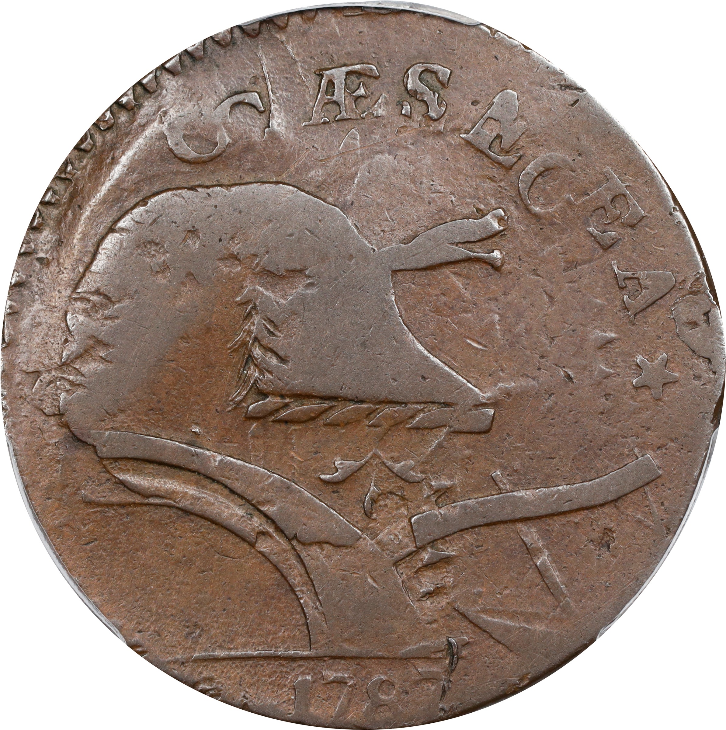 image for: 1787 New Jersey Copper. Maris 73-aa, W-5430. Rarity-4. Sprig Above Plow, Plaited Mane, Ghost NOVA. Overstruck on a 1787 Miller 2-B Connecticut Copper. VF-20 (PCGS).