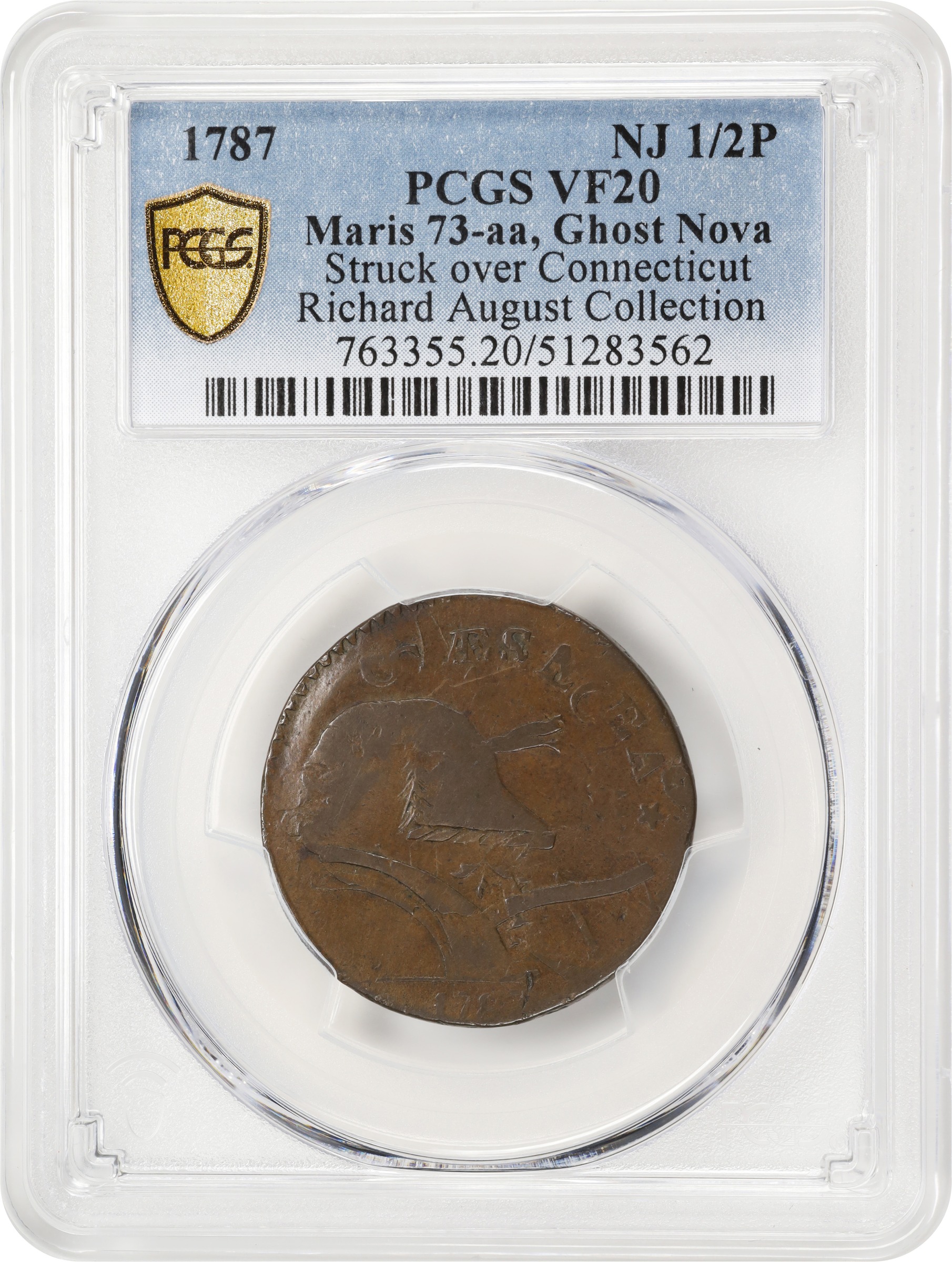 image for: 1787 New Jersey Copper. Maris 73-aa, W-5430. Rarity-4. Sprig Above Plow, Plaited Mane, Ghost NOVA. Overstruck on a 1787 Miller 2-B Connecticut Copper. VF-20 (PCGS).