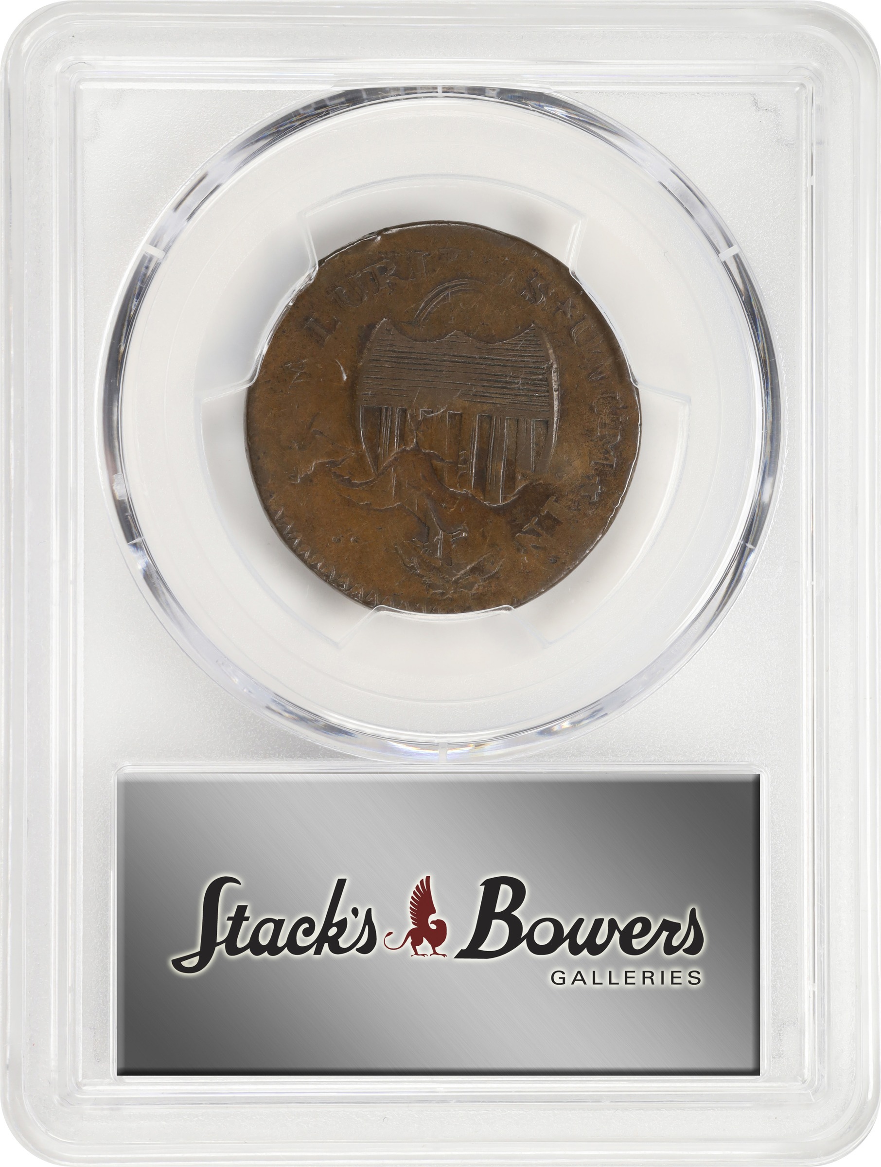 image for: 1787 New Jersey Copper. Maris 73-aa, W-5430. Rarity-4. Sprig Above Plow, Plaited Mane, Ghost NOVA. Overstruck on a 1787 Miller 2-B Connecticut Copper. VF-20 (PCGS).