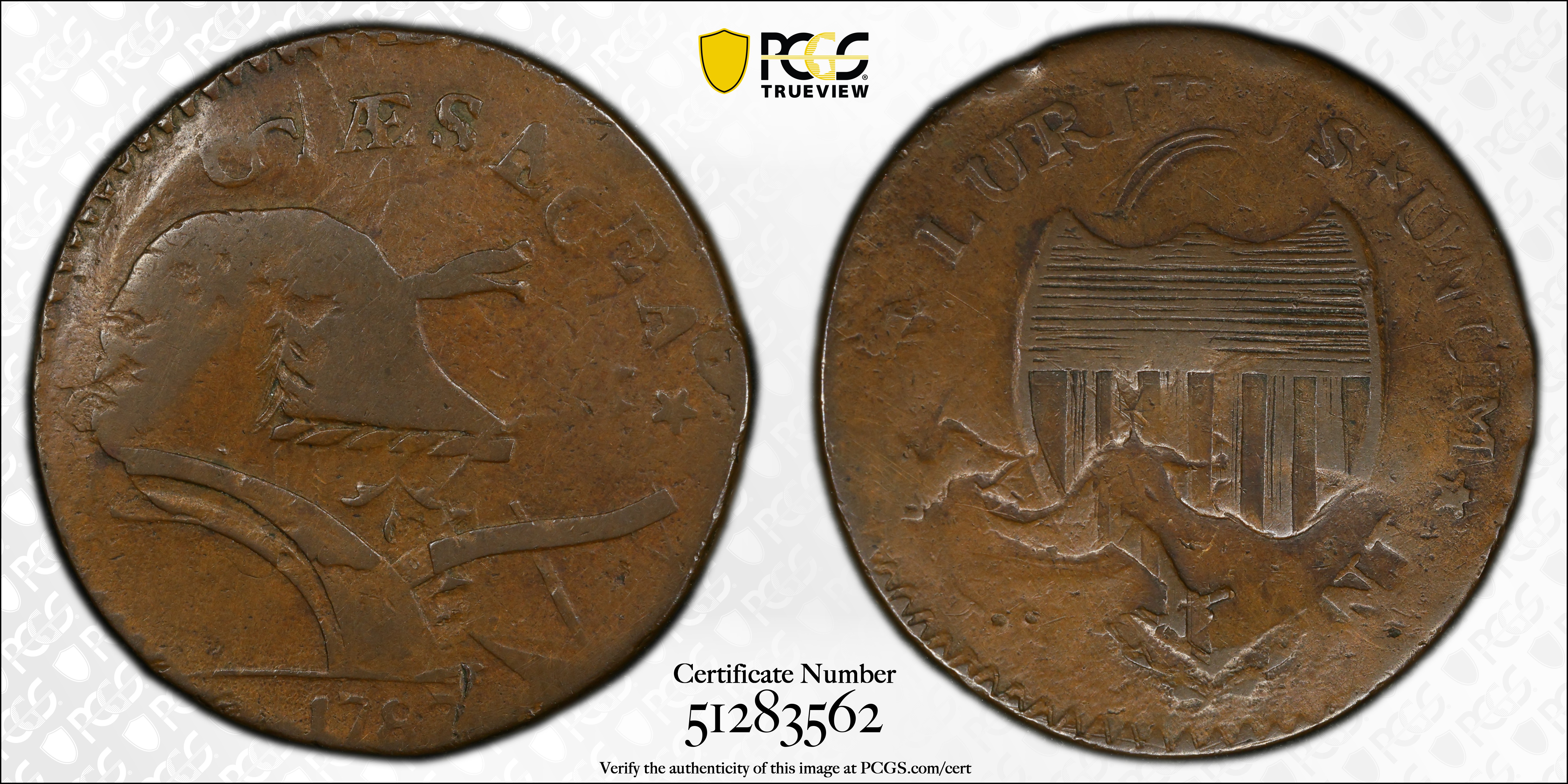 image for: 1787 New Jersey Copper. Maris 73-aa, W-5430. Rarity-4. Sprig Above Plow, Plaited Mane, Ghost NOVA. Overstruck on a 1787 Miller 2-B Connecticut Copper. VF-20 (PCGS).