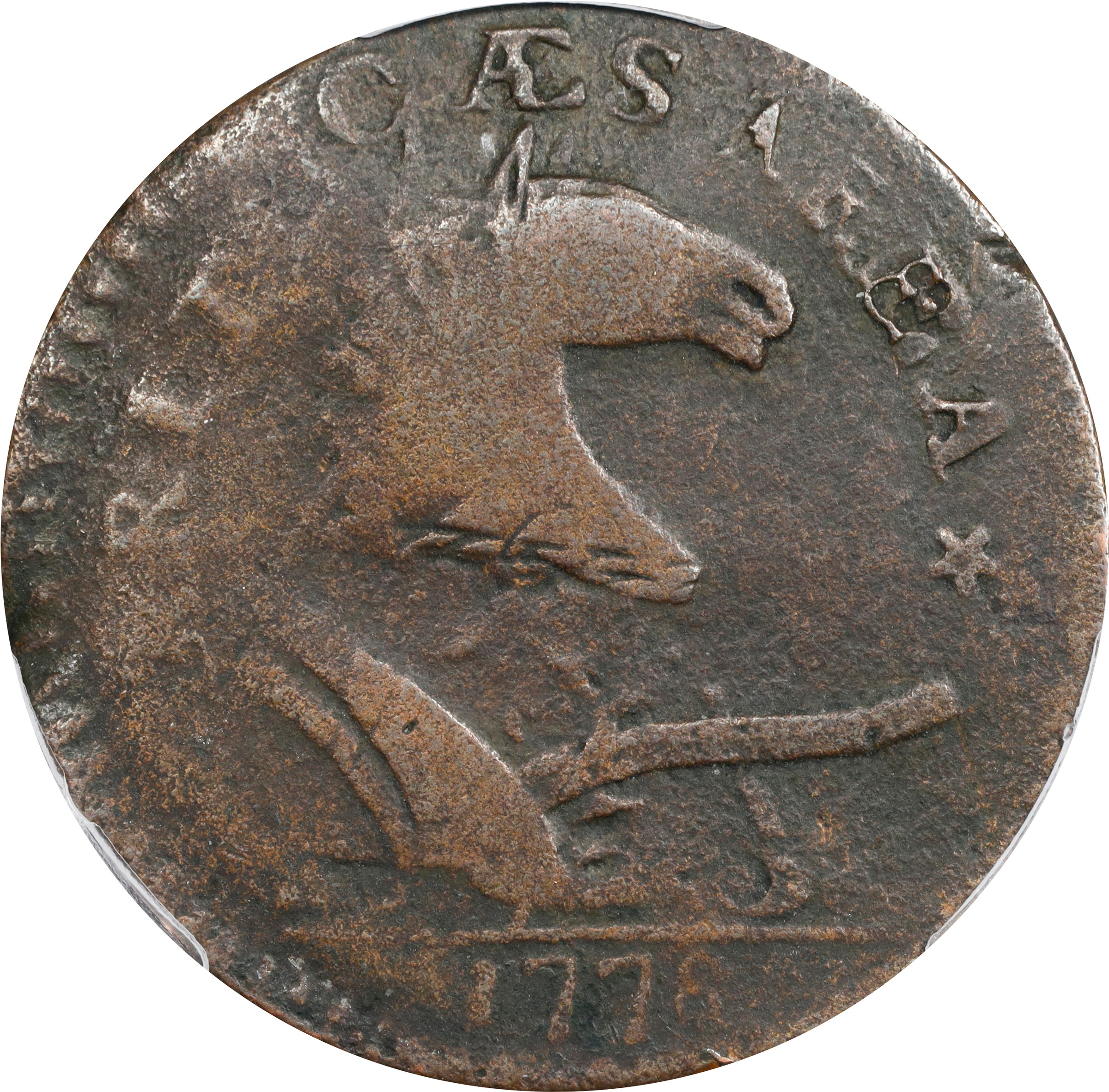 image for: 1787 New Jersey Copper. Maris 73-aa, W-5430. Rarity-4. Sprig Above Plow, Plaited Mane, Ghost NOVA. Overstruck on a 1778 Vlack 12-78B Machin's Mills Halfpenny. Fine-15 (PCGS).