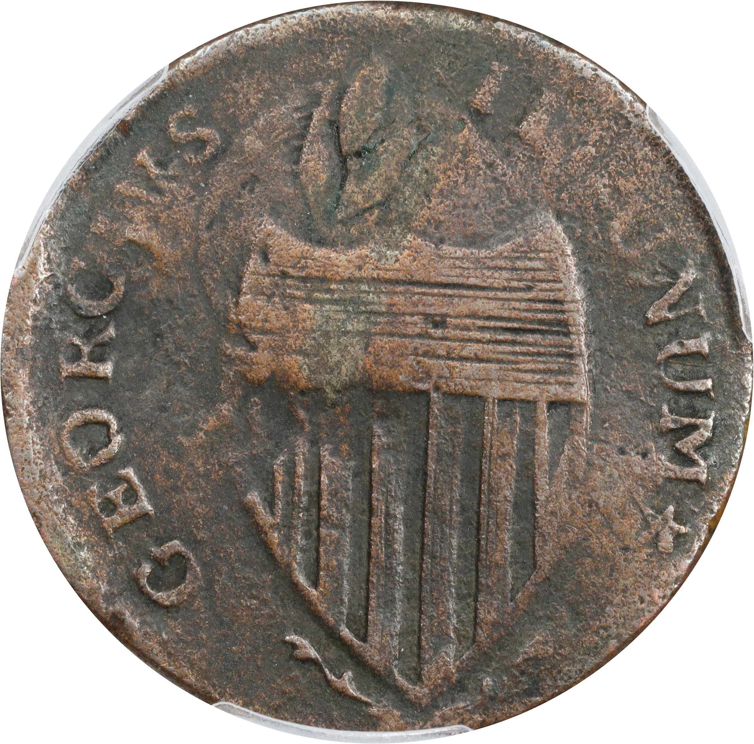 image for: 1787 New Jersey Copper. Maris 73-aa, W-5430. Rarity-4. Sprig Above Plow, Plaited Mane, Ghost NOVA. Overstruck on a 1778 Vlack 12-78B Machin's Mills Halfpenny. Fine-15 (PCGS).