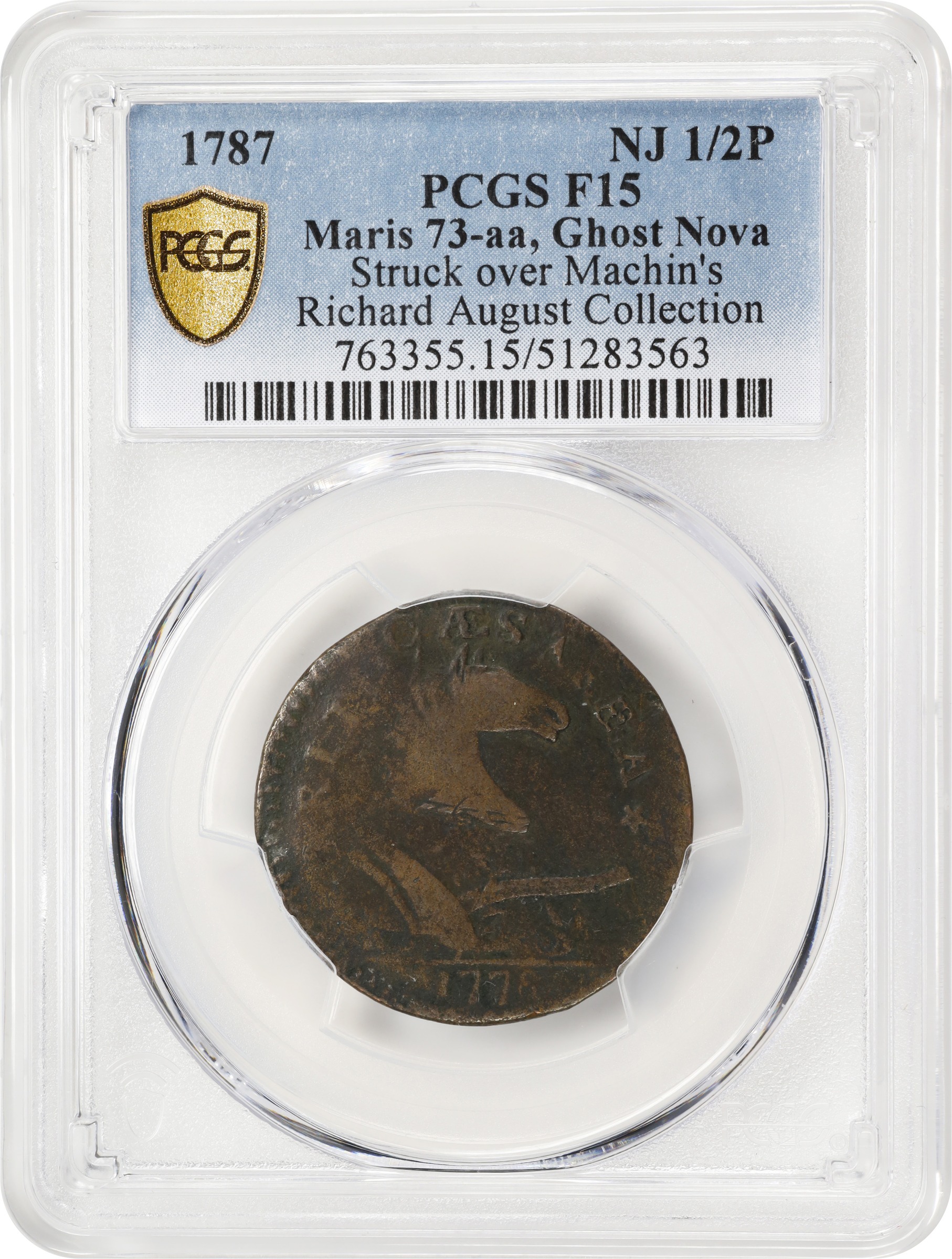 image for: 1787 New Jersey Copper. Maris 73-aa, W-5430. Rarity-4. Sprig Above Plow, Plaited Mane, Ghost NOVA. Overstruck on a 1778 Vlack 12-78B Machin's Mills Halfpenny. Fine-15 (PCGS).