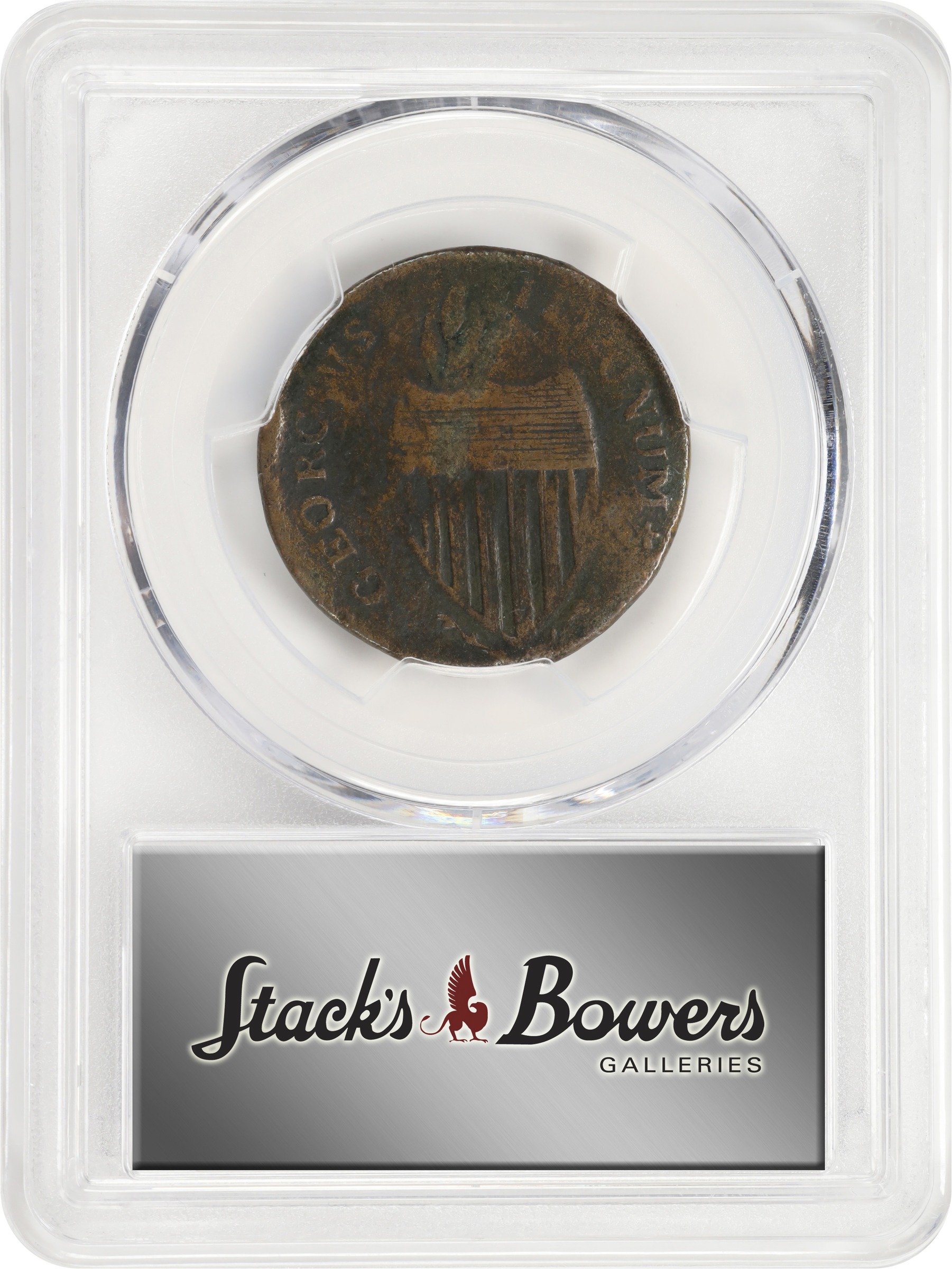 image for: 1787 New Jersey Copper. Maris 73-aa, W-5430. Rarity-4. Sprig Above Plow, Plaited Mane, Ghost NOVA. Overstruck on a 1778 Vlack 12-78B Machin's Mills Halfpenny. Fine-15 (PCGS).