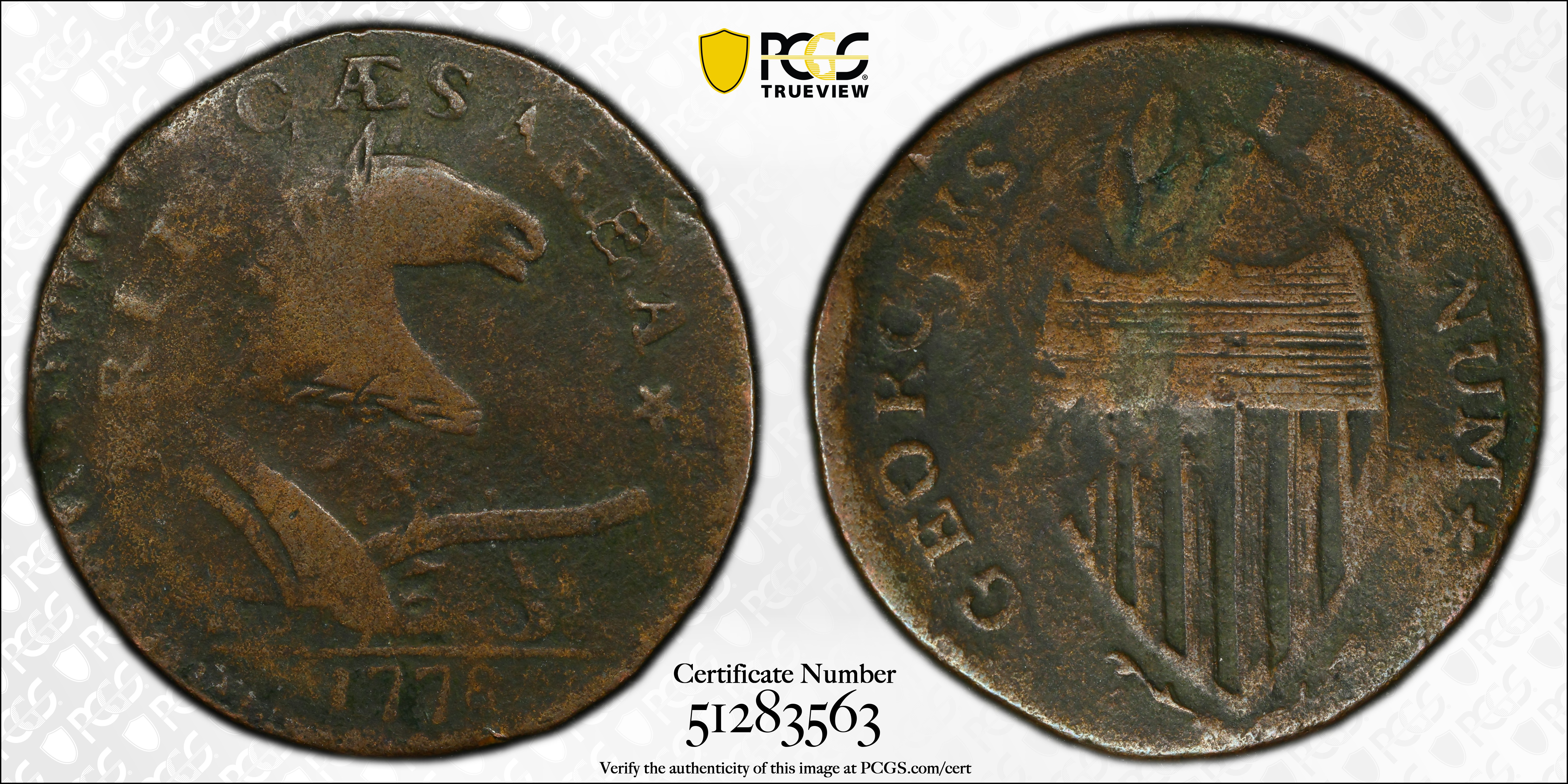 image for: 1787 New Jersey Copper. Maris 73-aa, W-5430. Rarity-4. Sprig Above Plow, Plaited Mane, Ghost NOVA. Overstruck on a 1778 Vlack 12-78B Machin's Mills Halfpenny. Fine-15 (PCGS).