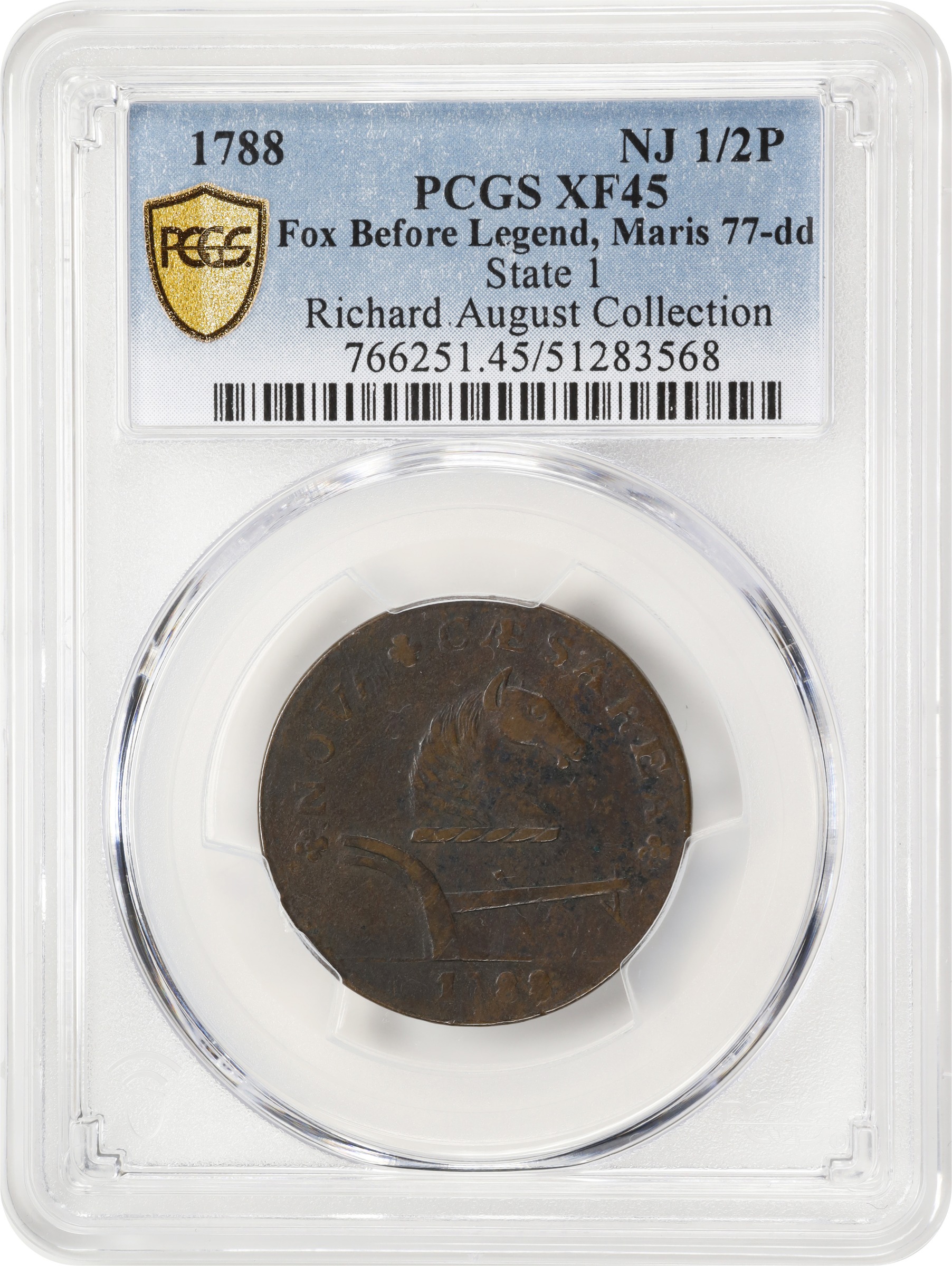 image for: 1788 New Jersey Copper. Maris 77-dd (DS1), W-5535. Rarity-3. Head Right, Running Fox Before Legend. EF-45 (PCGS).