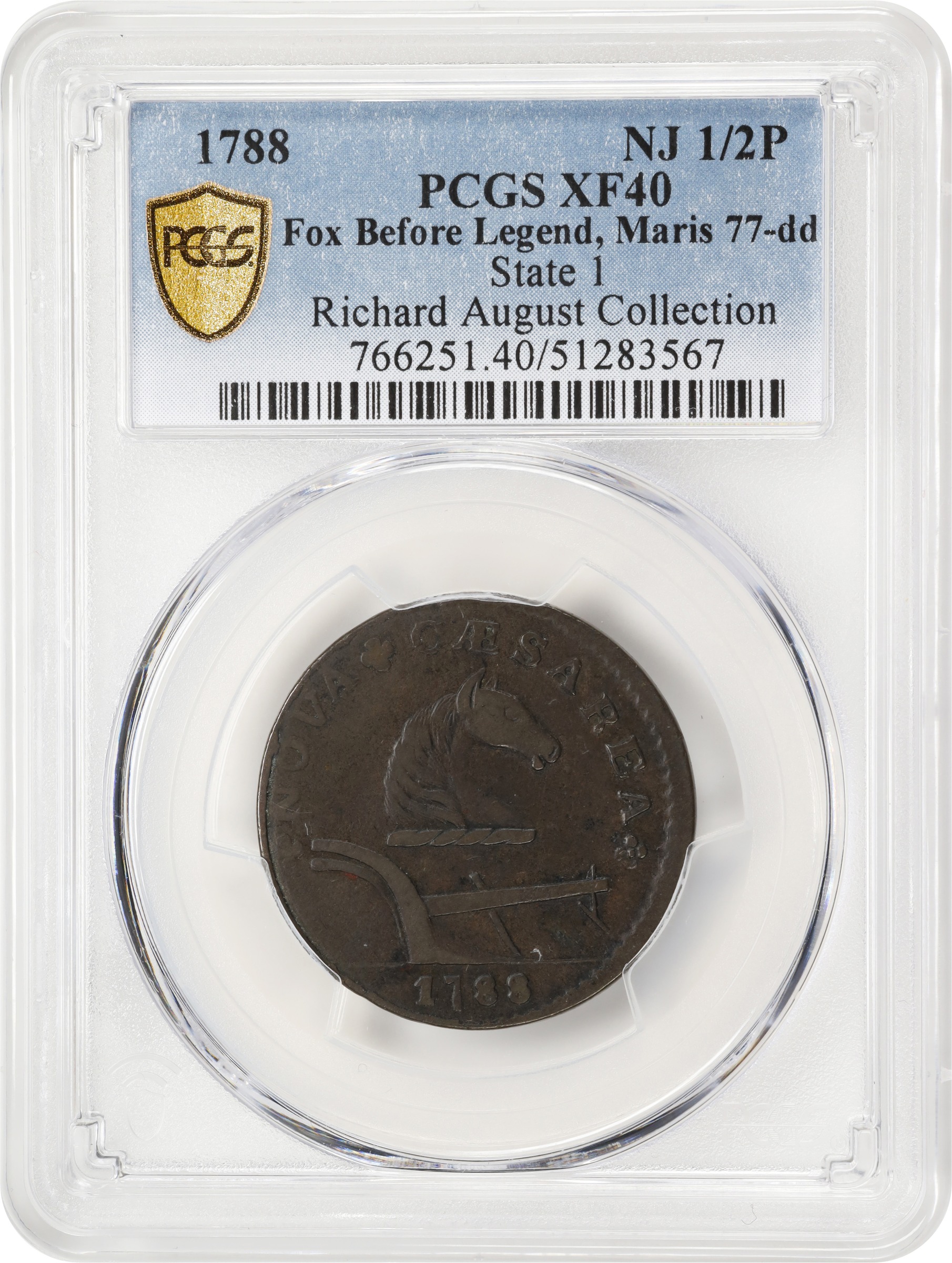 image for: 1788 New Jersey Copper. Maris 77-dd (DS1), W-5535. Rarity-3. Head Right, Running Fox Before Legend. EF-40 (PCGS).