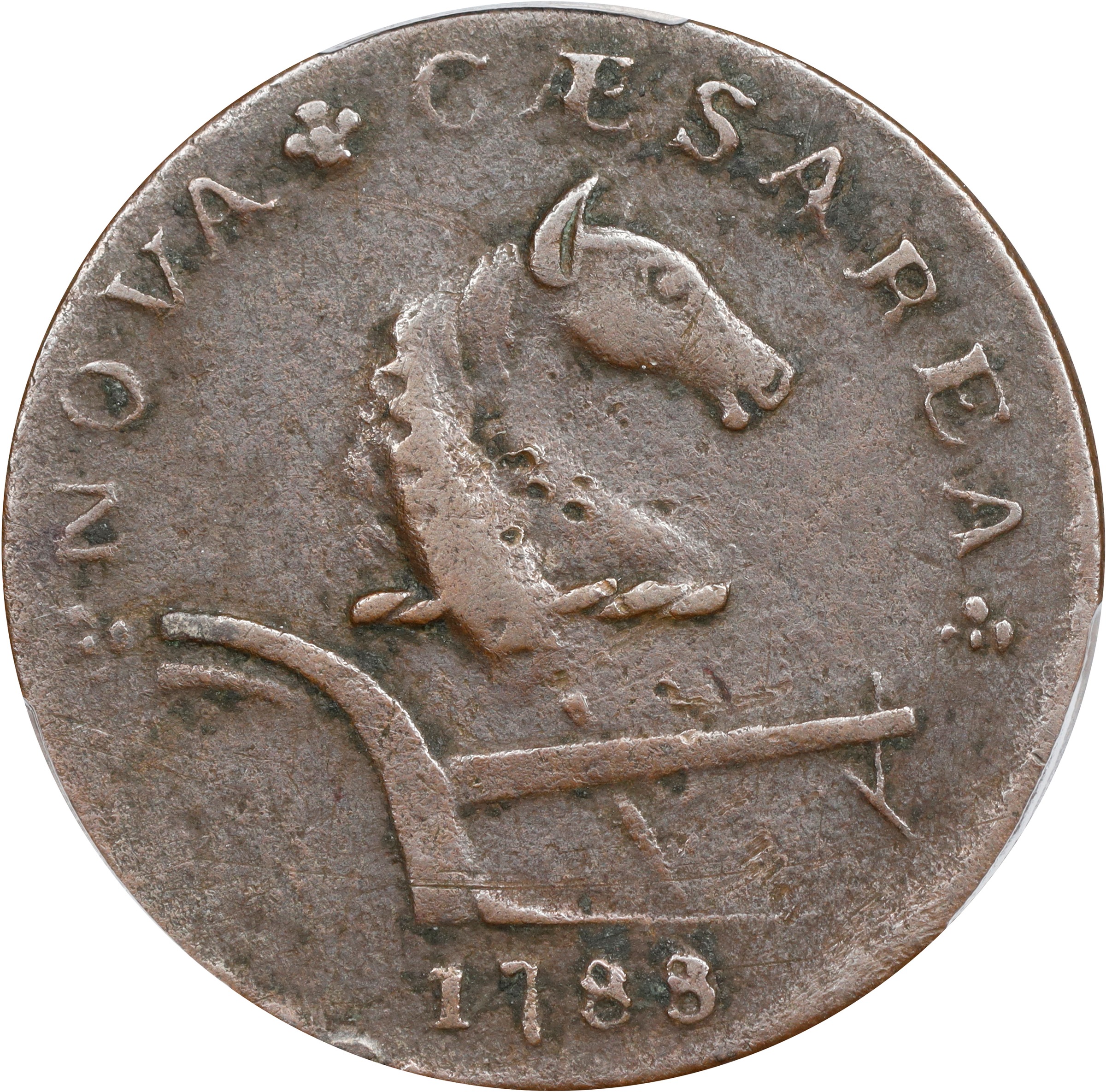 image for: 1788 New Jersey Copper. Maris 77-dd (DS2), i.e. 77 1/2-dd, W-5535. Rarity-6+. Head Right, Running Fox Before Legend. VF-35 (PCGS).