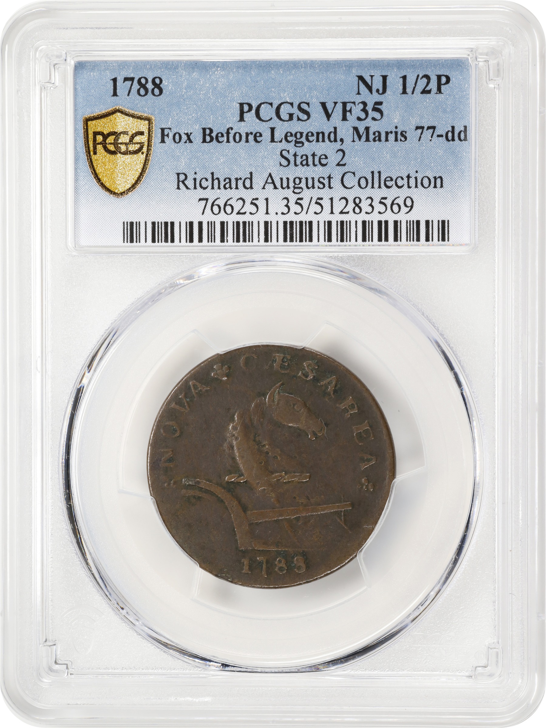 image for: 1788 New Jersey Copper. Maris 77-dd (DS2), i.e. 77 1/2-dd, W-5535. Rarity-6+. Head Right, Running Fox Before Legend. VF-35 (PCGS).