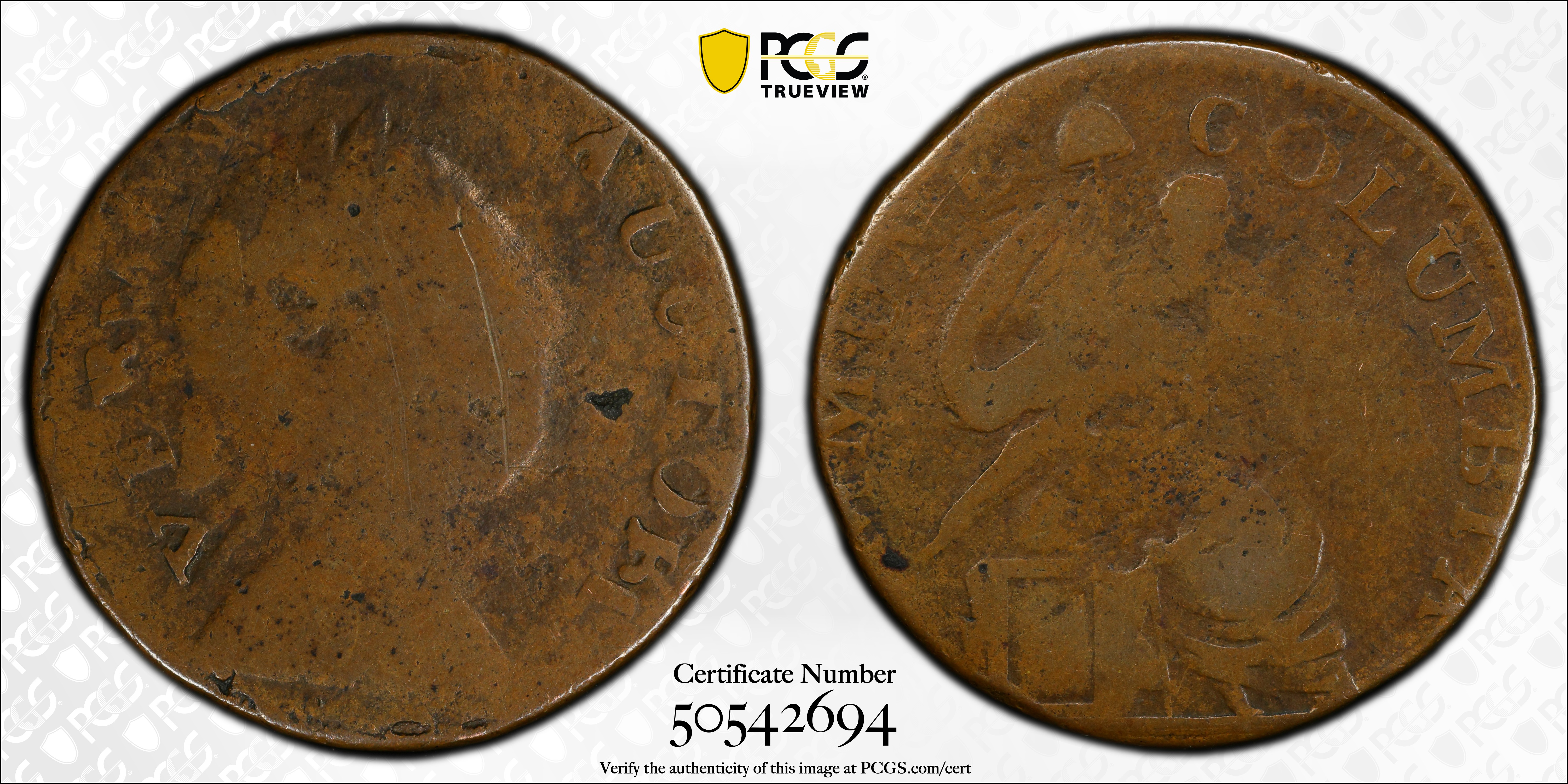 image for: 1785 Vermont Copper. RR-1, Bressett 26-Z, W-2250. Rarity-5. IMMUNE COLUMBIA. Good-4 (PCGS).